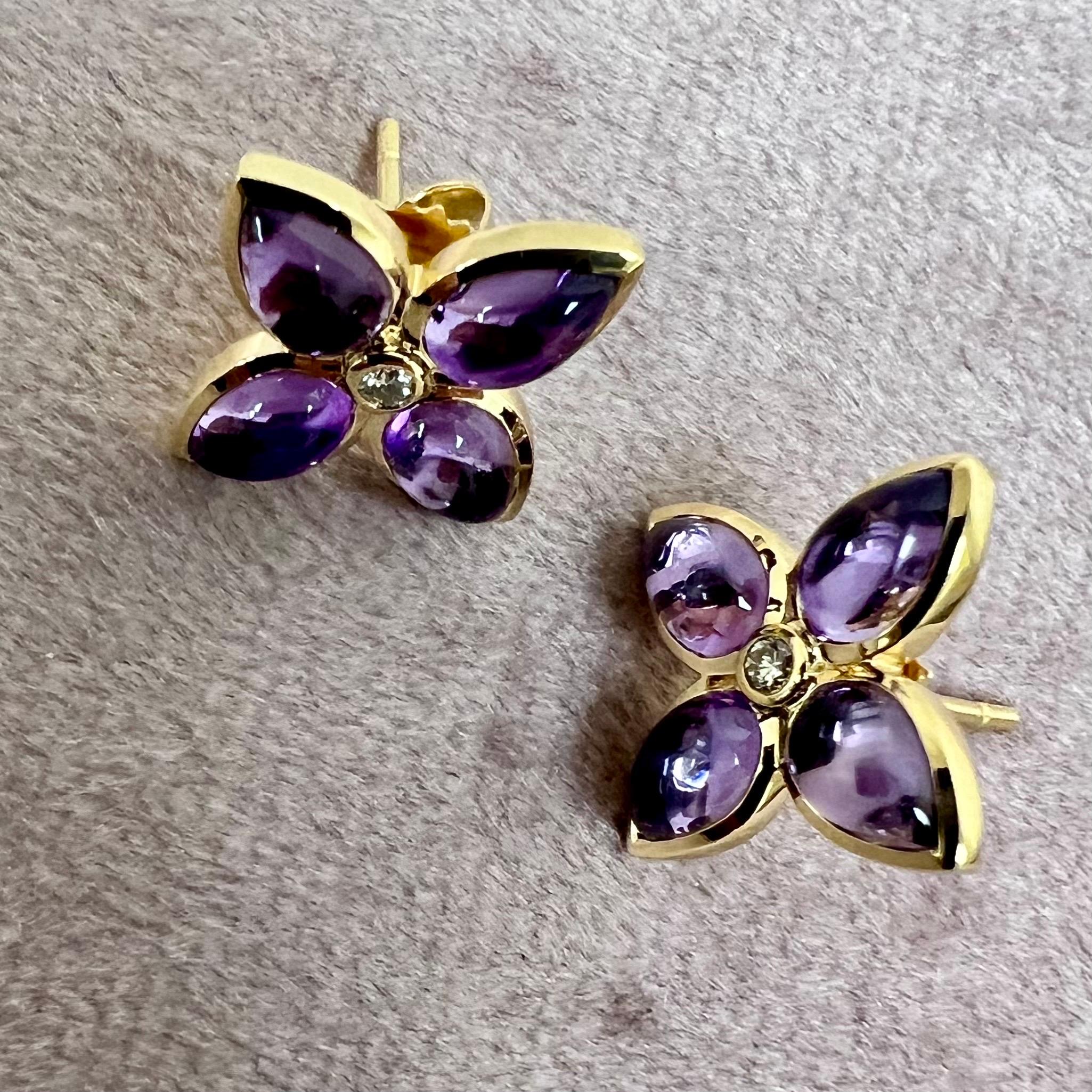 Mixed Cut Syna Yellow Gold Amethyst Flower Studs with Diamonds