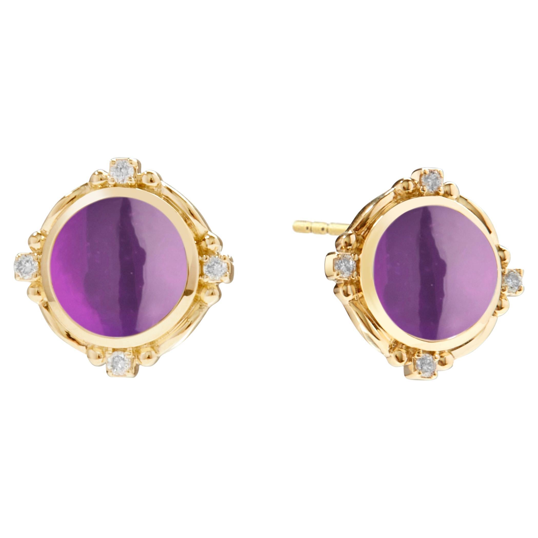 Syna Yellow Gold Amethyst Mogul Earrings with Diamonds For Sale