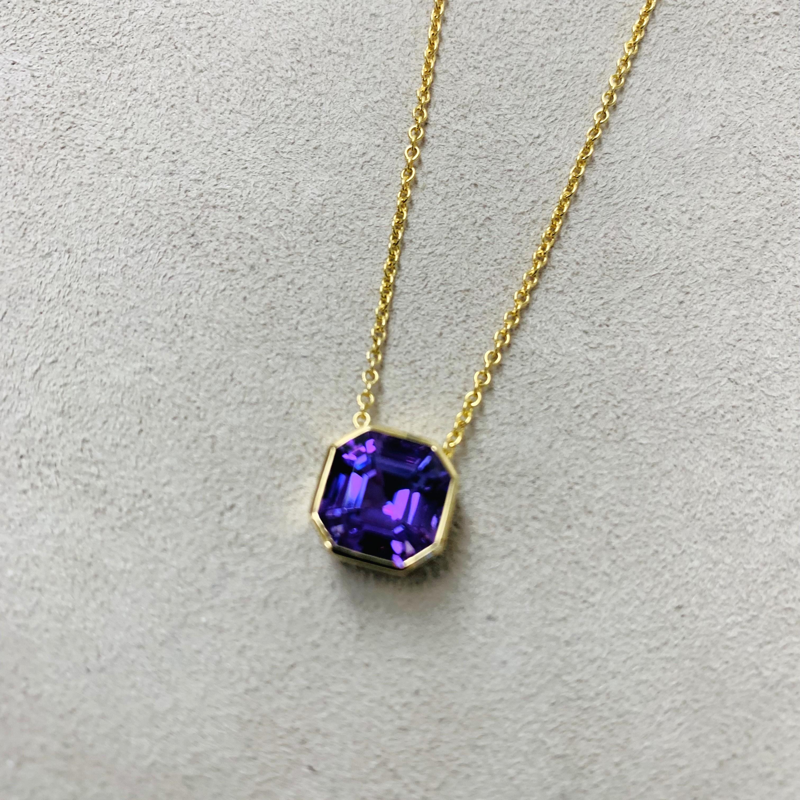 Created in 18 karat yellow gold
Amethyst 4 carats approx.
18 inch necklace with loops at 16 and 17 inch
Lobster lock

 About the Designers ~ Dharmesh & Namrata

Drawing inspiration from little things, Dharmesh & Namrata Kothari have created an
