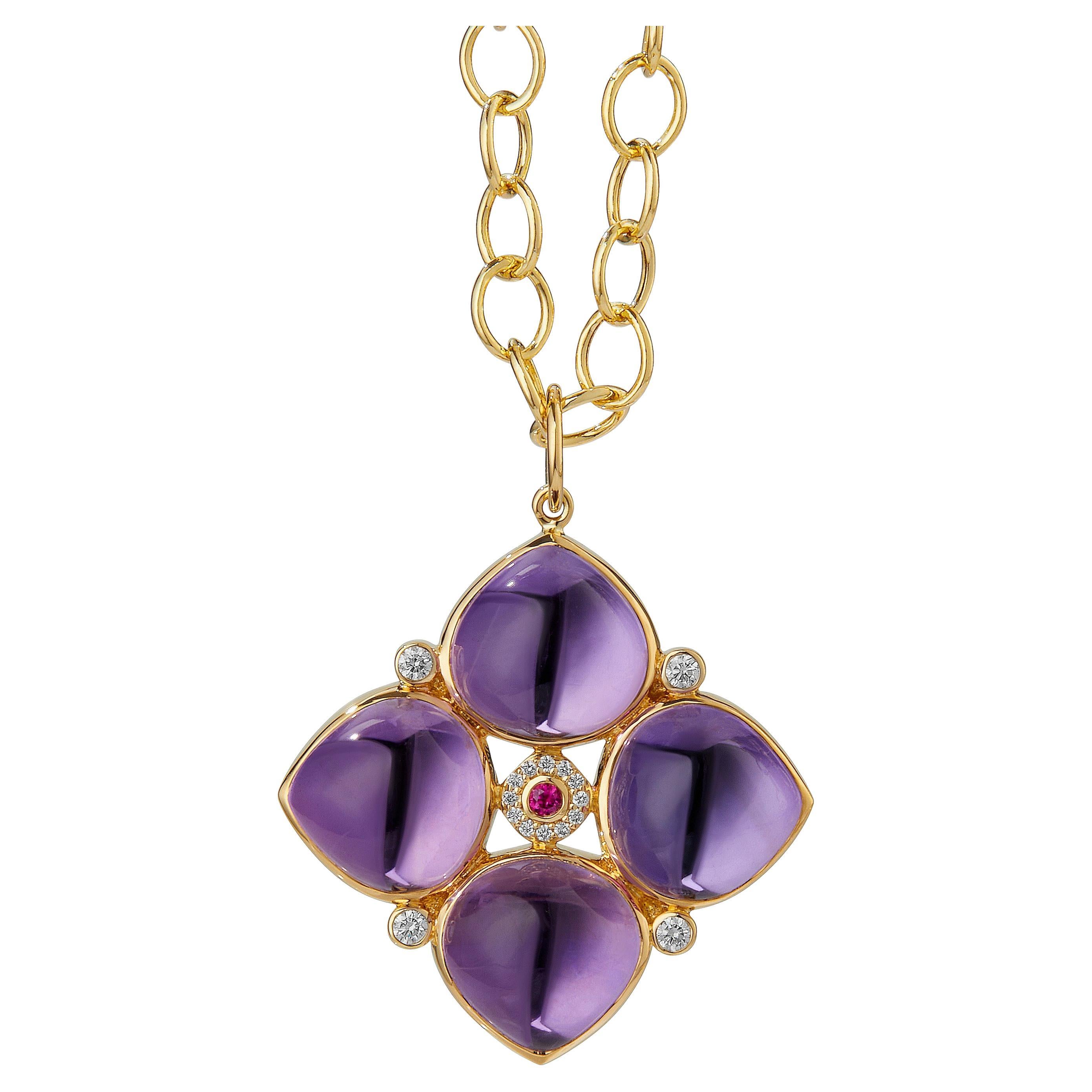 Syna Yellow Gold Amethyst Pendant with Ruby and Diamonds For Sale