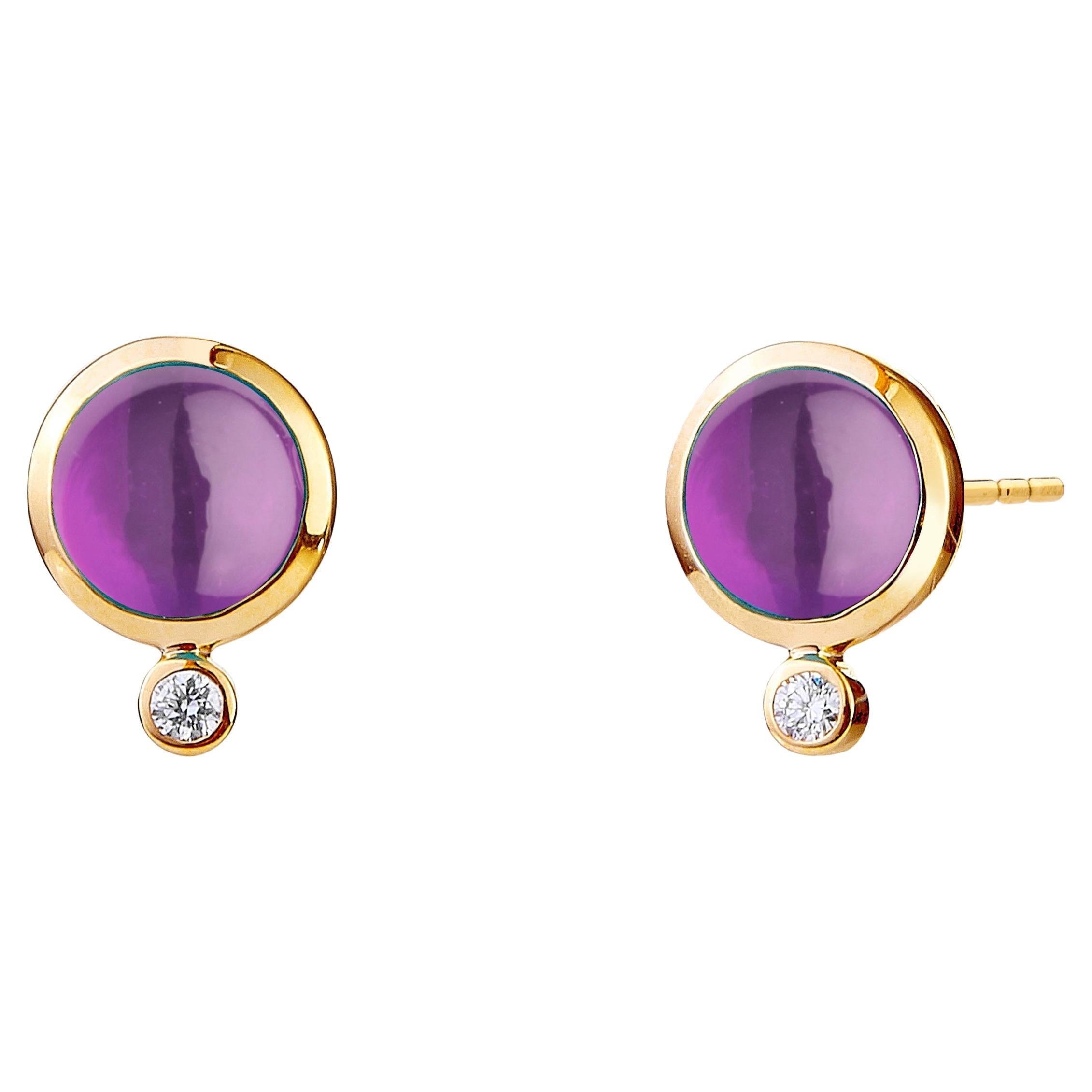 Syna Yellow Gold Amethyst Studs with Diamonds For Sale