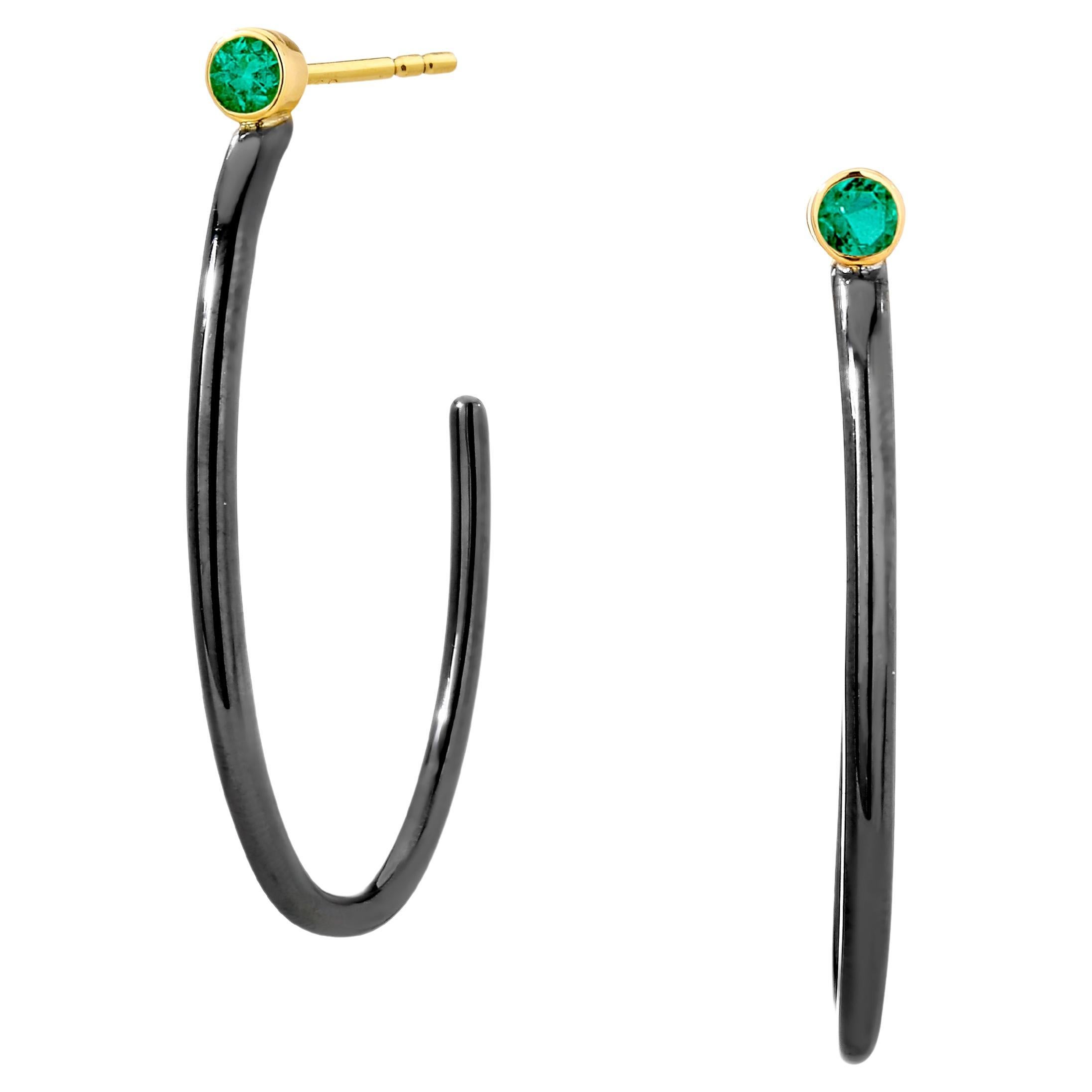 Syna Yellow Gold and Blackened Silver Hoops with Emeralds For Sale