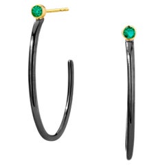 Syna Yellow Gold and Blackened Silver Hoops with Emeralds