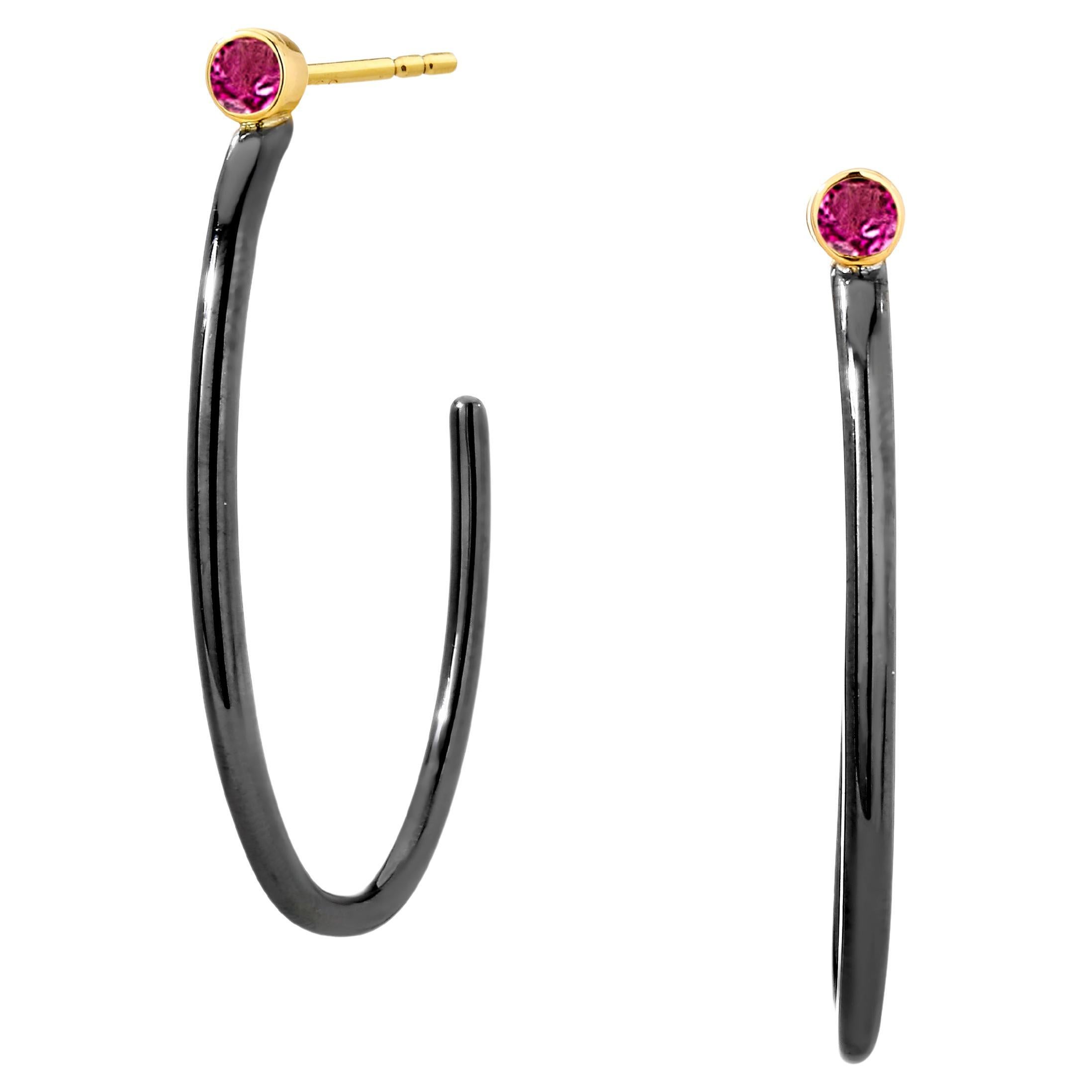 Syna Yellow Gold and Blackened Silver Hoops with Rubies For Sale