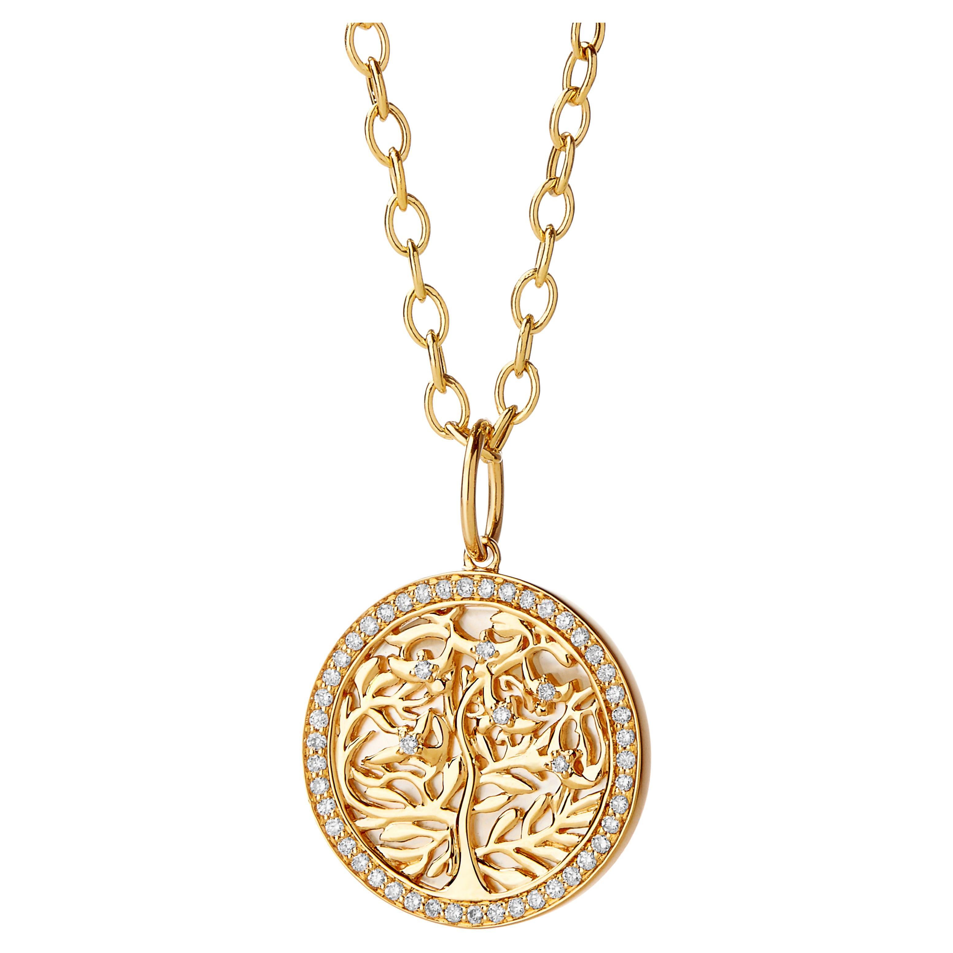 Syna Yellow Gold and Mother of Pearl Tree of Life Pendant with Diamonds For Sale