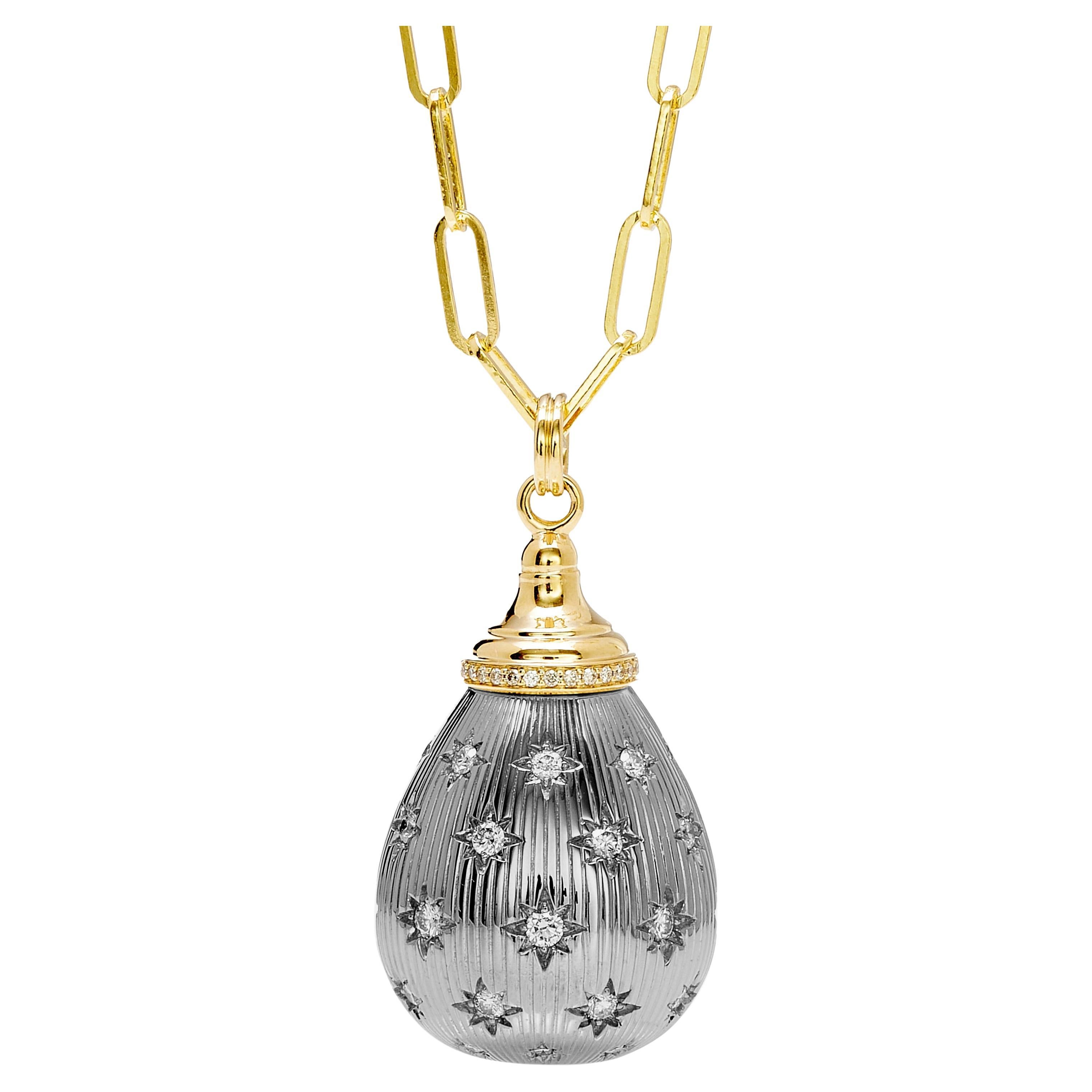 Syna Yellow Gold and Oxidized Silver Drop Pendant with Diamonds For Sale