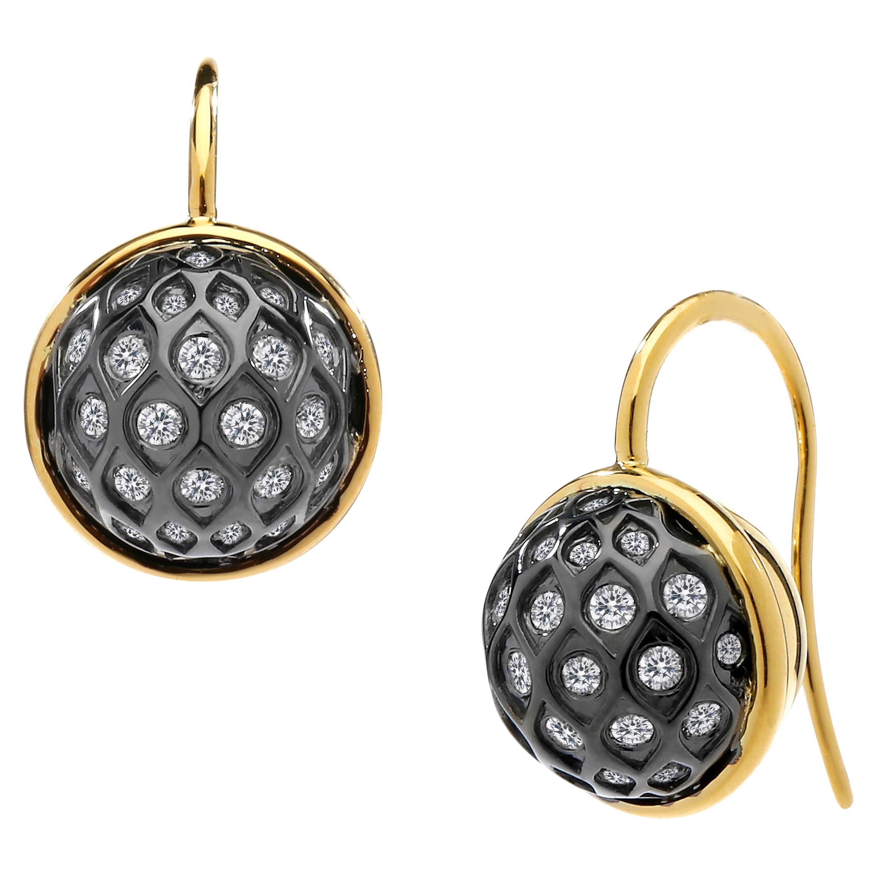 Syna Yellow Gold and Oxidized Silver Earrings with Bright Diamonds For Sale