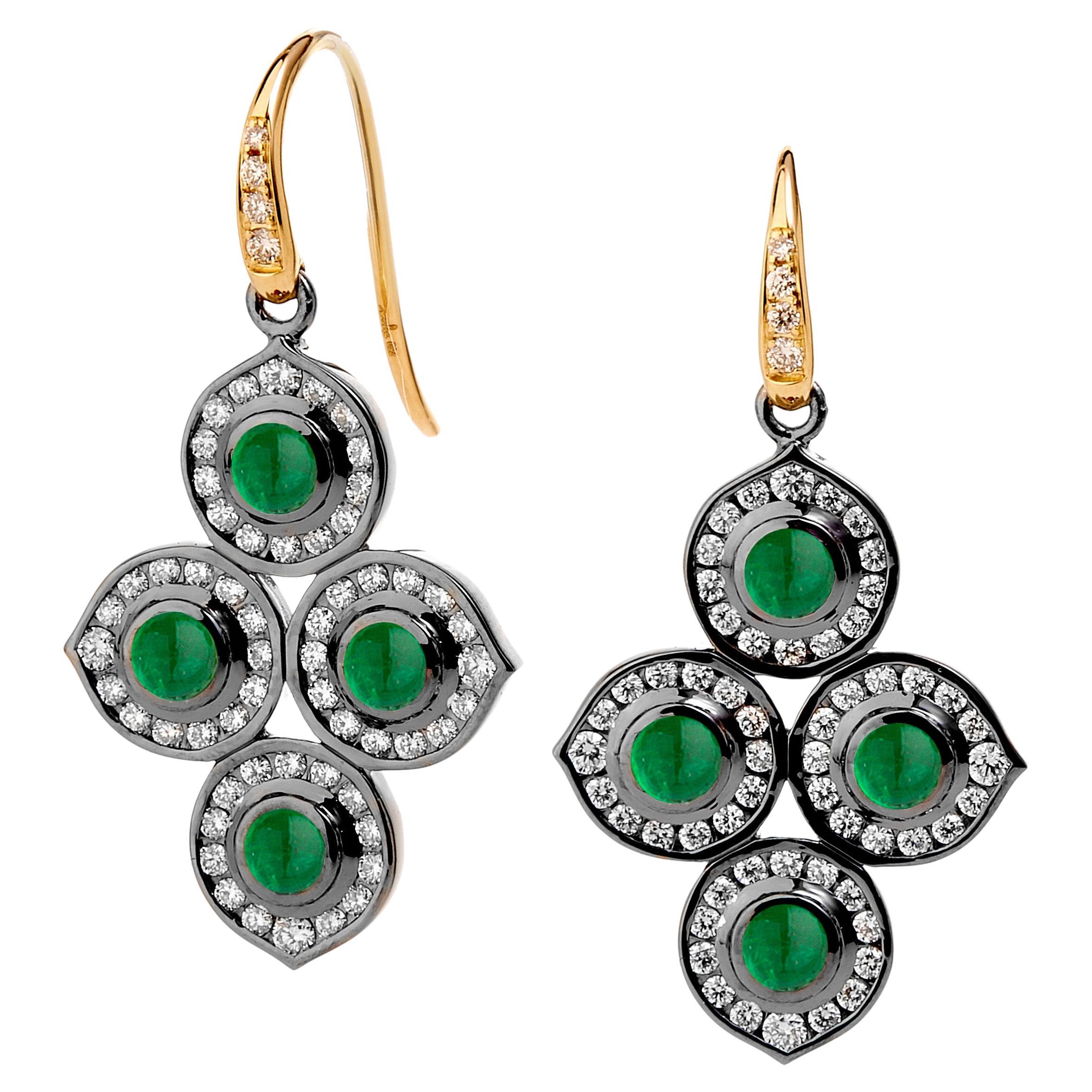 Syna Yellow Gold and Oxidized Silver Earrings with Emeralds and Diamonds For Sale