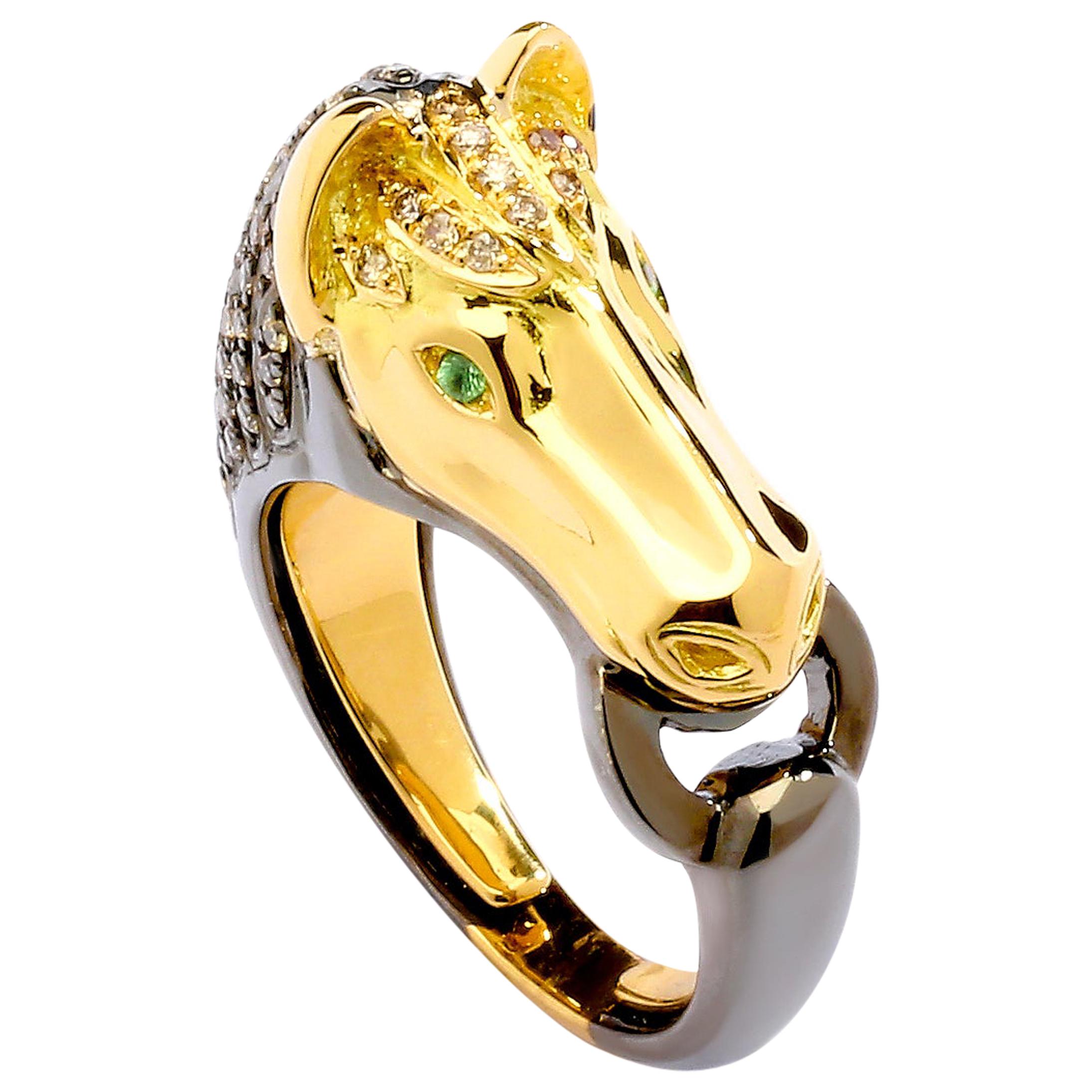 Syna Yellow Gold and Oxidized Silver Horse Ring with Diamonds For Sale