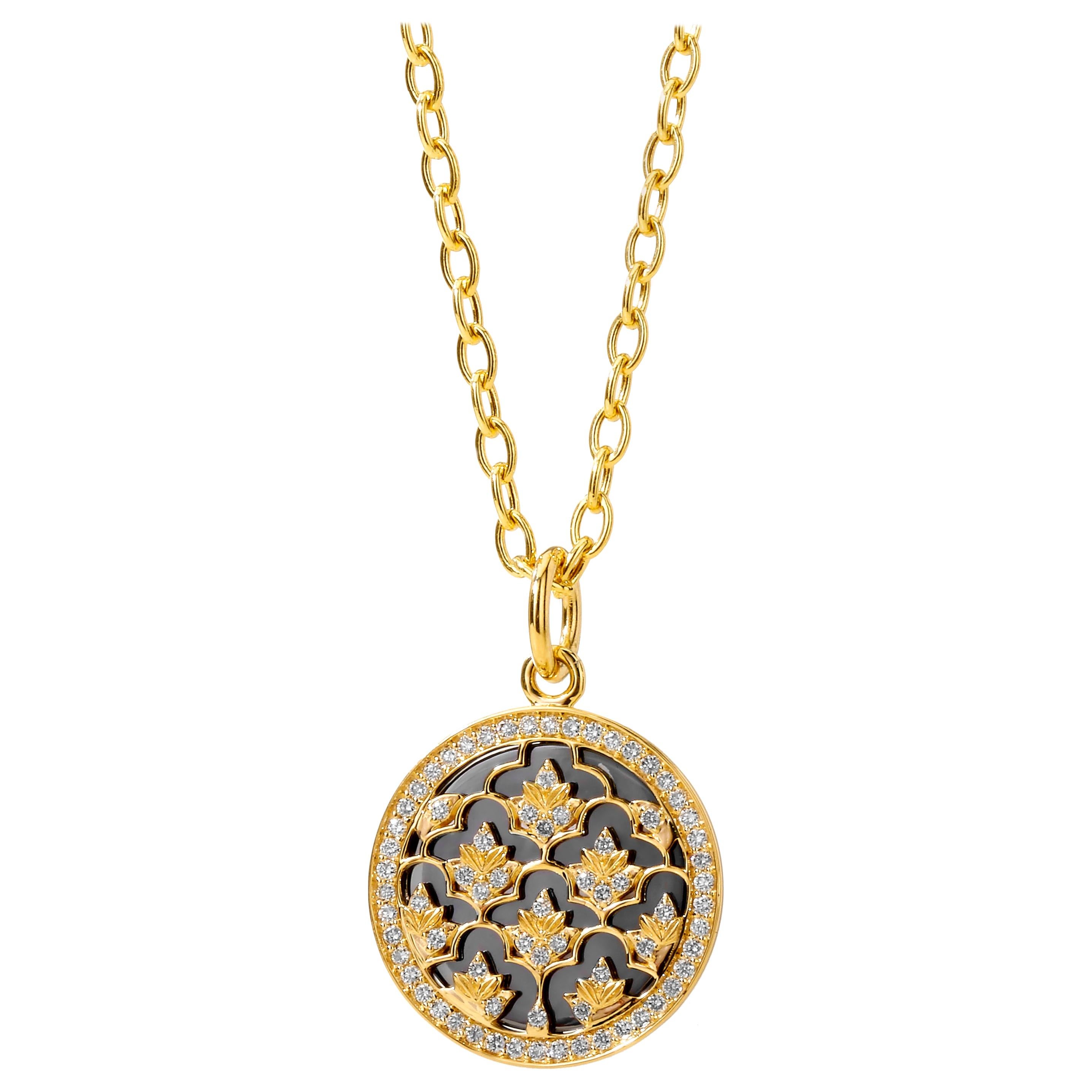 Syna Yellow Gold and Oxidized Silver Mogul Flower Pendant with Diamond For Sale