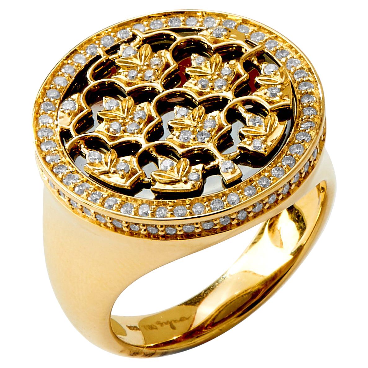 Syna Bague feuille de moghol en or jaune et argent oxydé avec diamants