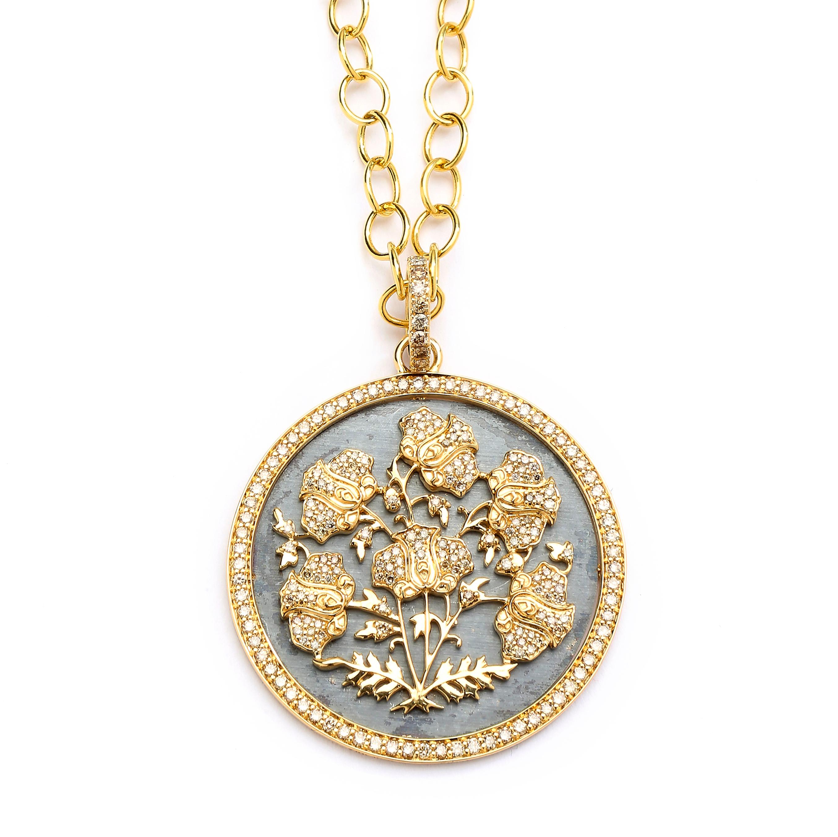 Round Cut Syna Yellow Gold and Oxidized Silver Mogul Pendant with Diamonds For Sale