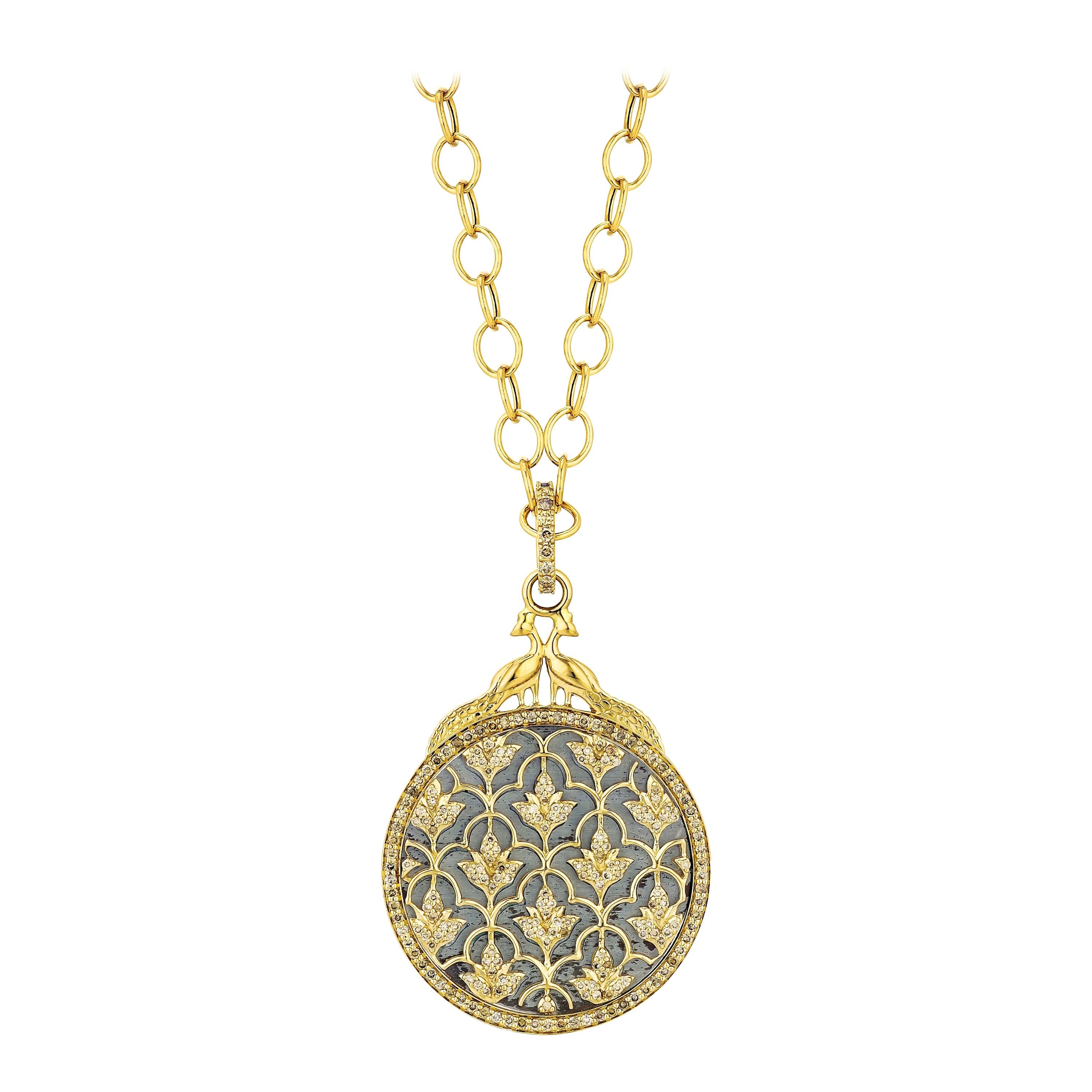Syna Yellow Gold and Oxidized Silver Mogul Pendant with Diamonds For Sale
