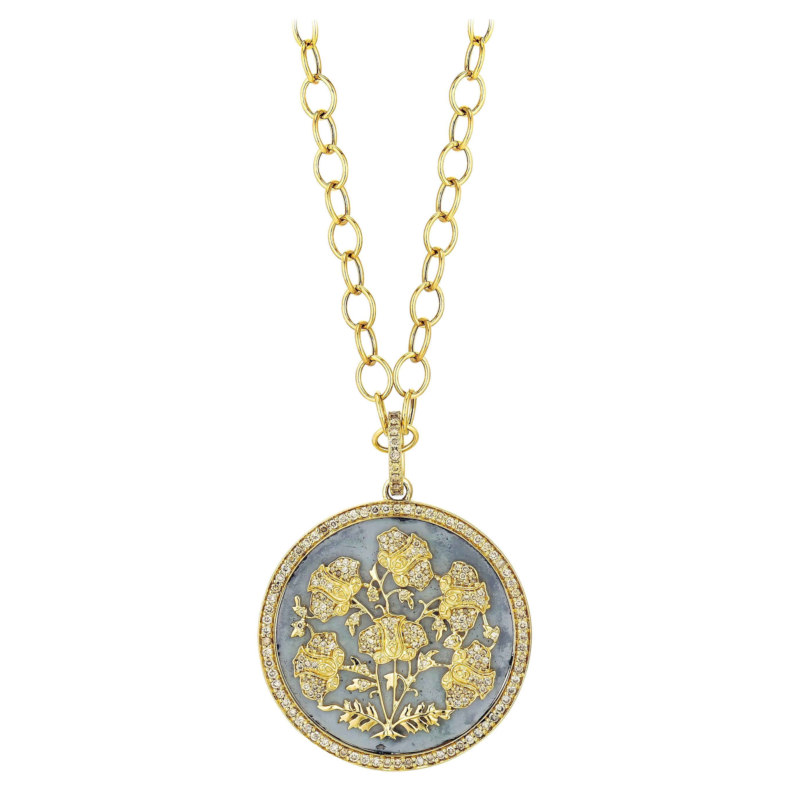 Syna Yellow Gold and Oxidized Silver Mogul Pendant with Diamonds