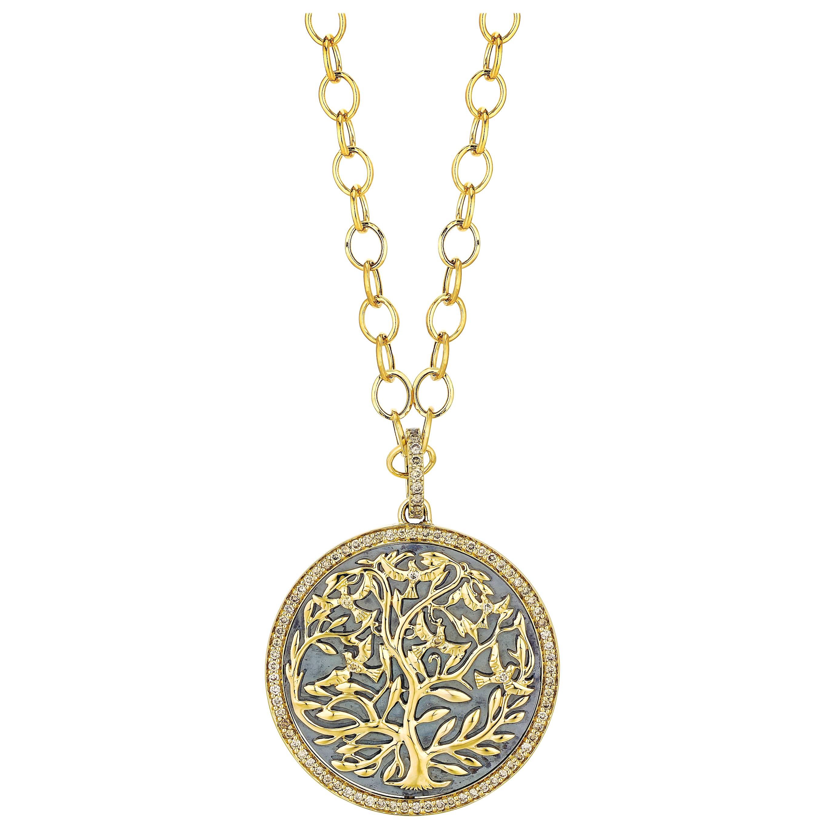 Syna Yellow Gold and Oxidized Silver Mogul Pendant with Diamonds For Sale