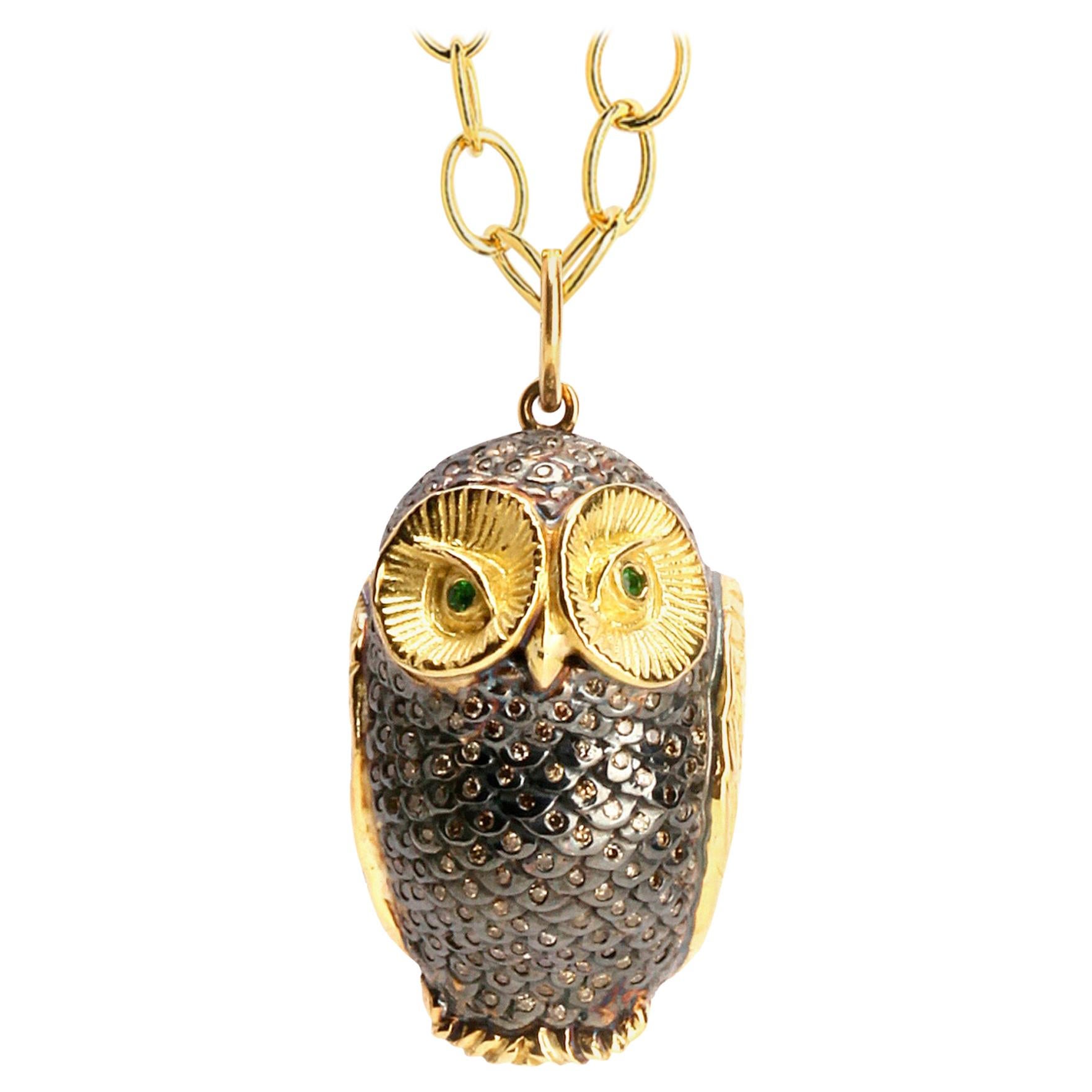 Syna Yellow Gold and Oxidized Silver Owl Pendant with Diamonds For Sale