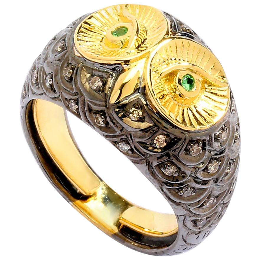 Syna Yellow Gold and Oxidized Silver Owl Ring with Champagne Diamonds