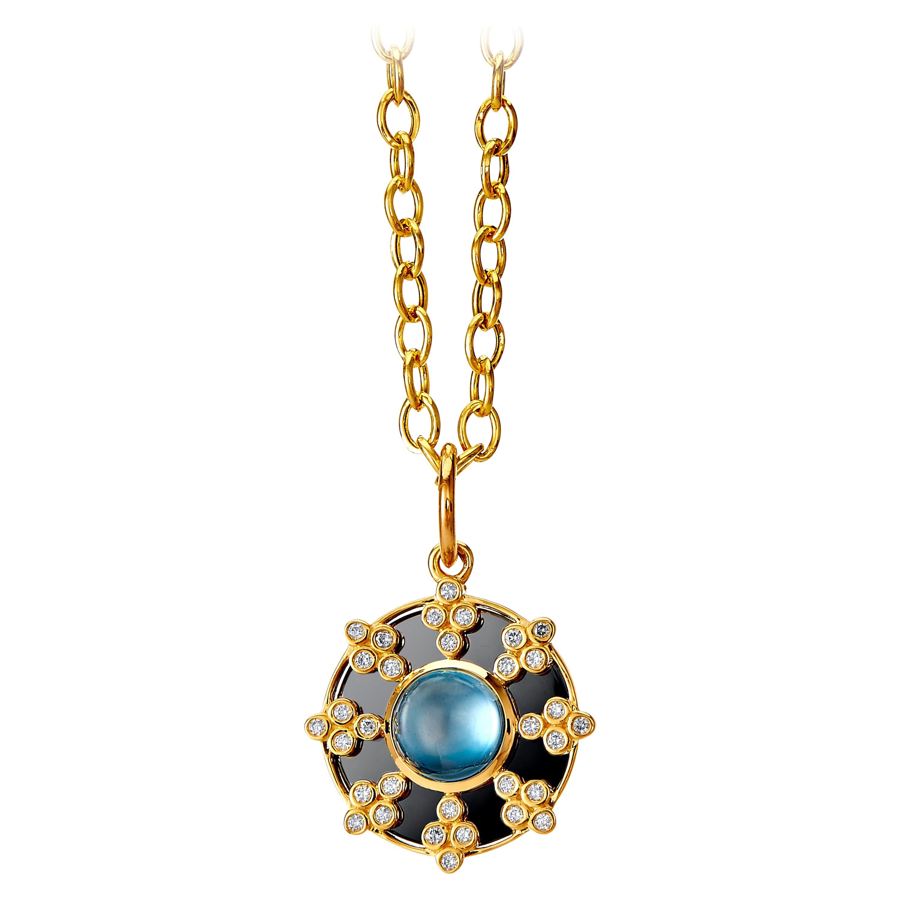 Syna Yellow Gold and Oxidized Silver Pendant with Topaz and Diamonds For Sale