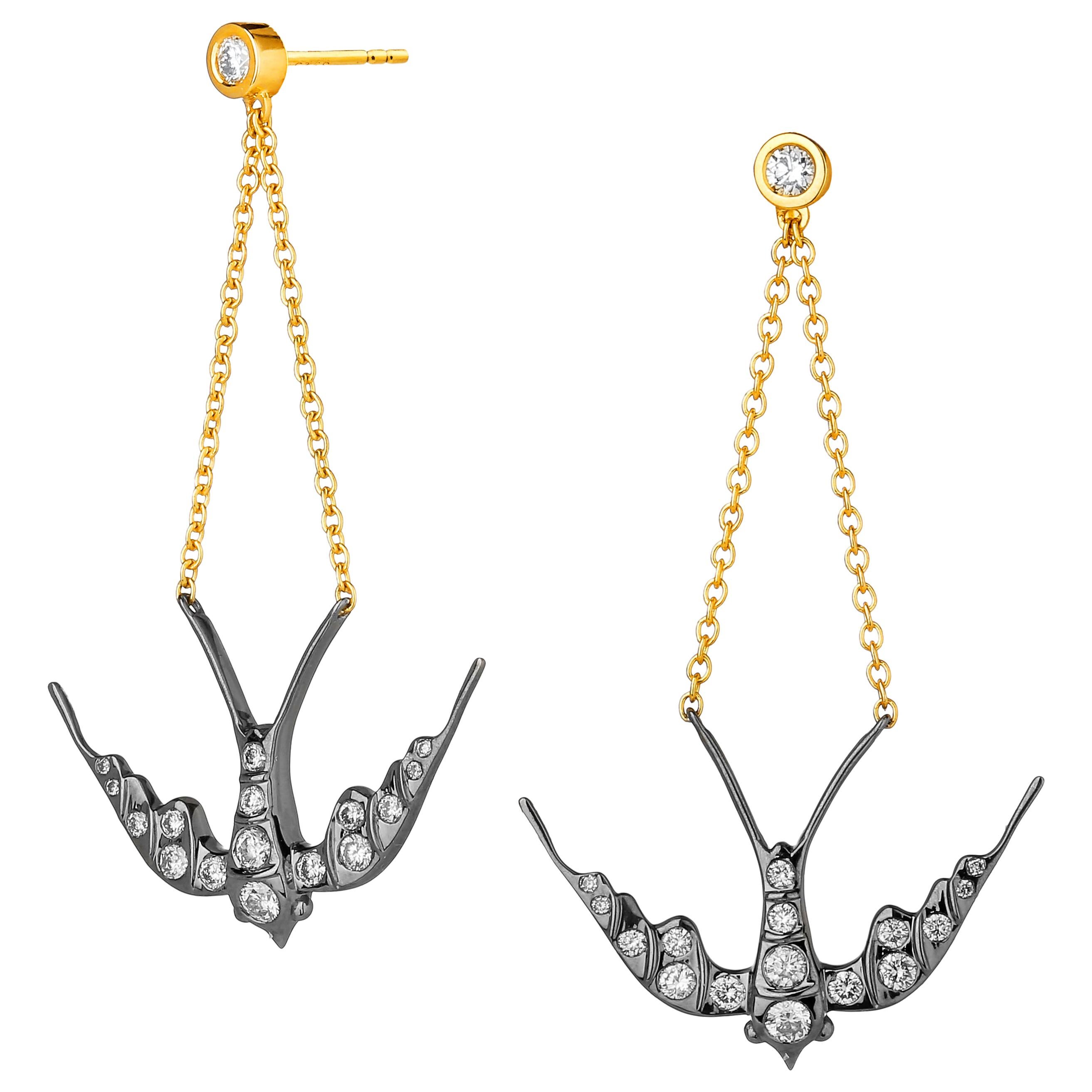 Syna Yellow Gold and Oxidized Silver Swallow Earrings For Sale