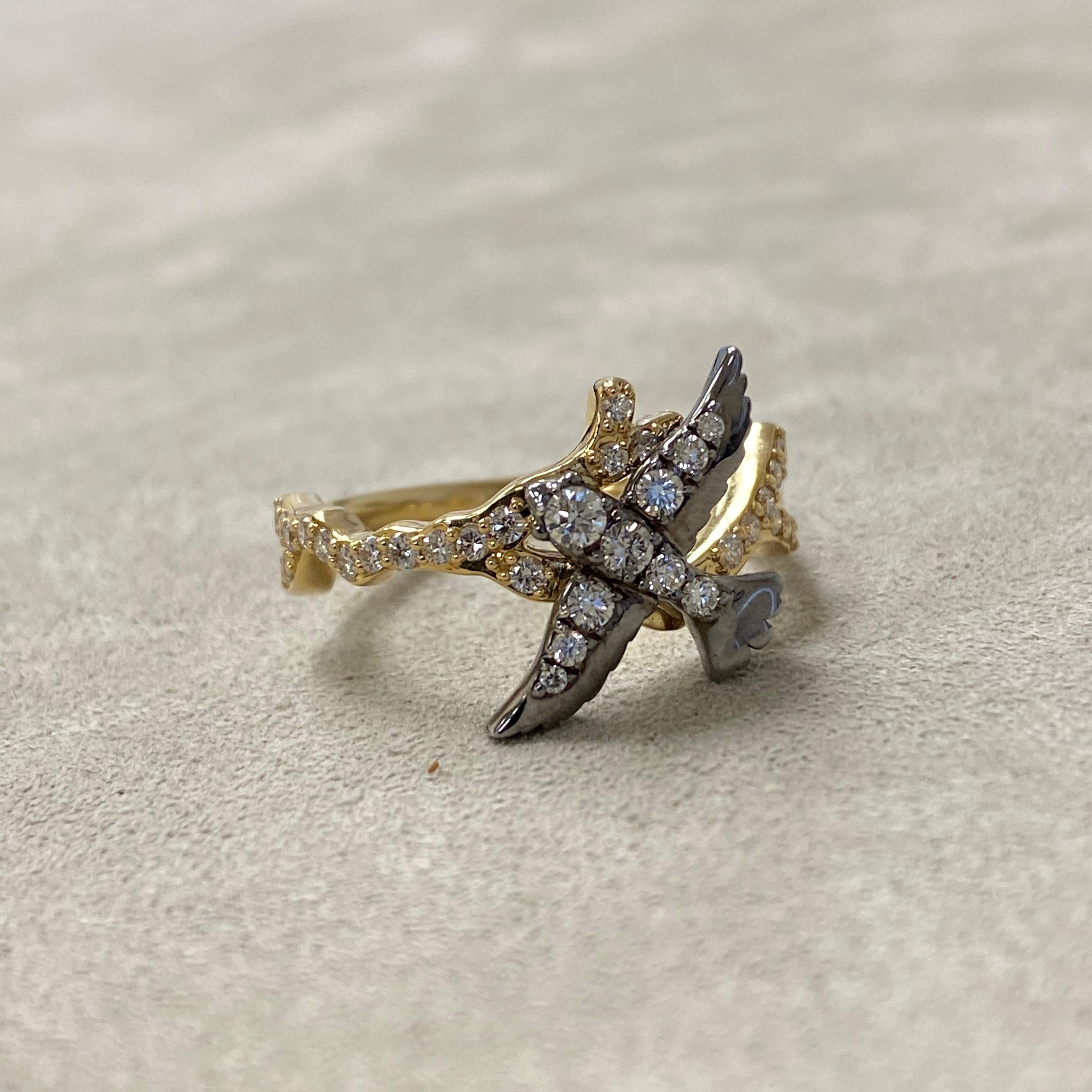 Contemporary Syna Yellow Gold and Oxidized Silver Swallow Ring