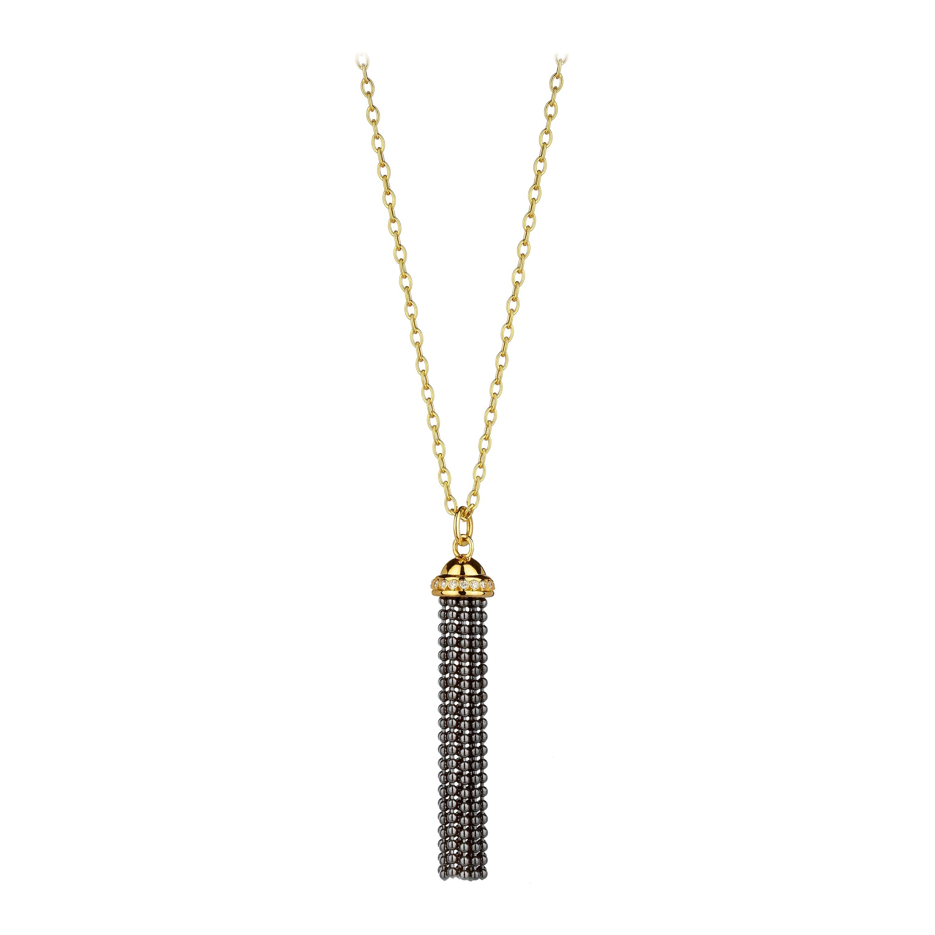 Syna Yellow Gold and Oxidized Silver Tassel Pendant with Diamonds For Sale