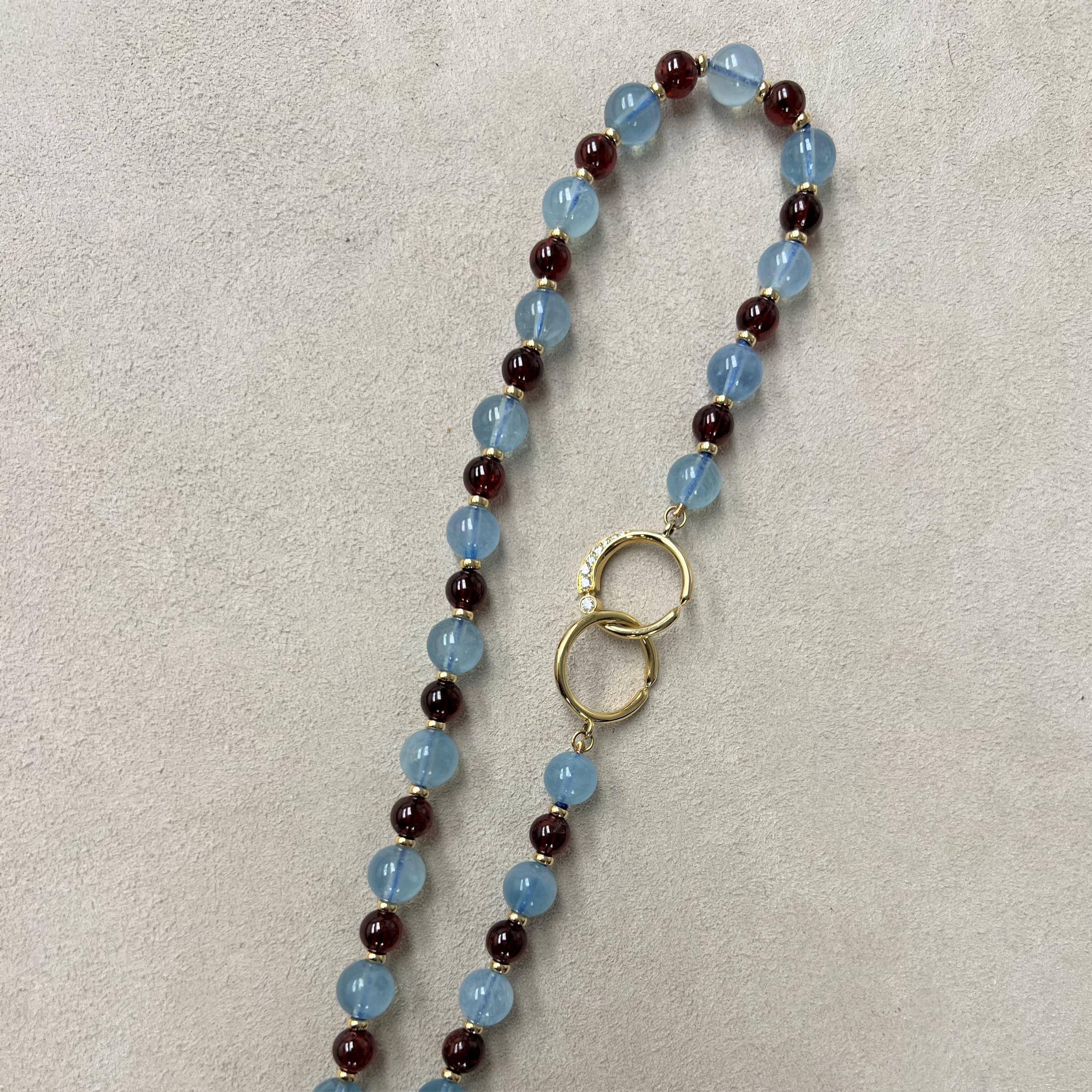 Contemporary Syna Yellow Gold Aquamarine and Rhodolite Garnet Bead Necklace For Sale