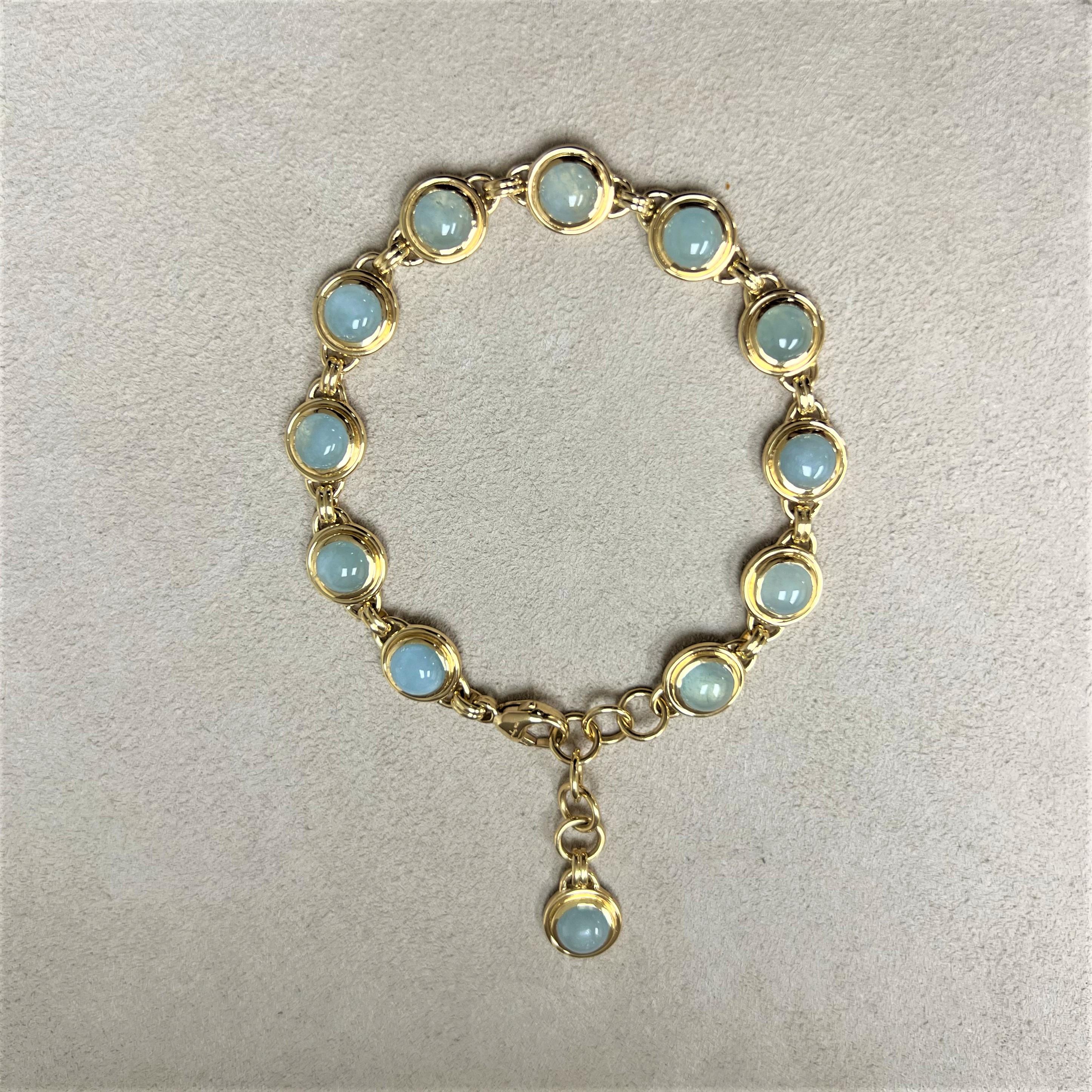 Created in 18 karat yellow gold
Aquamarine 12 carats approx.
8 inch length
18 karat yellow gold lobster clasp
Bracelet can be clasped at any length

Composed of 18 karat yellow gold, this stunning accessory houses a grand 12 carat aquamarine.