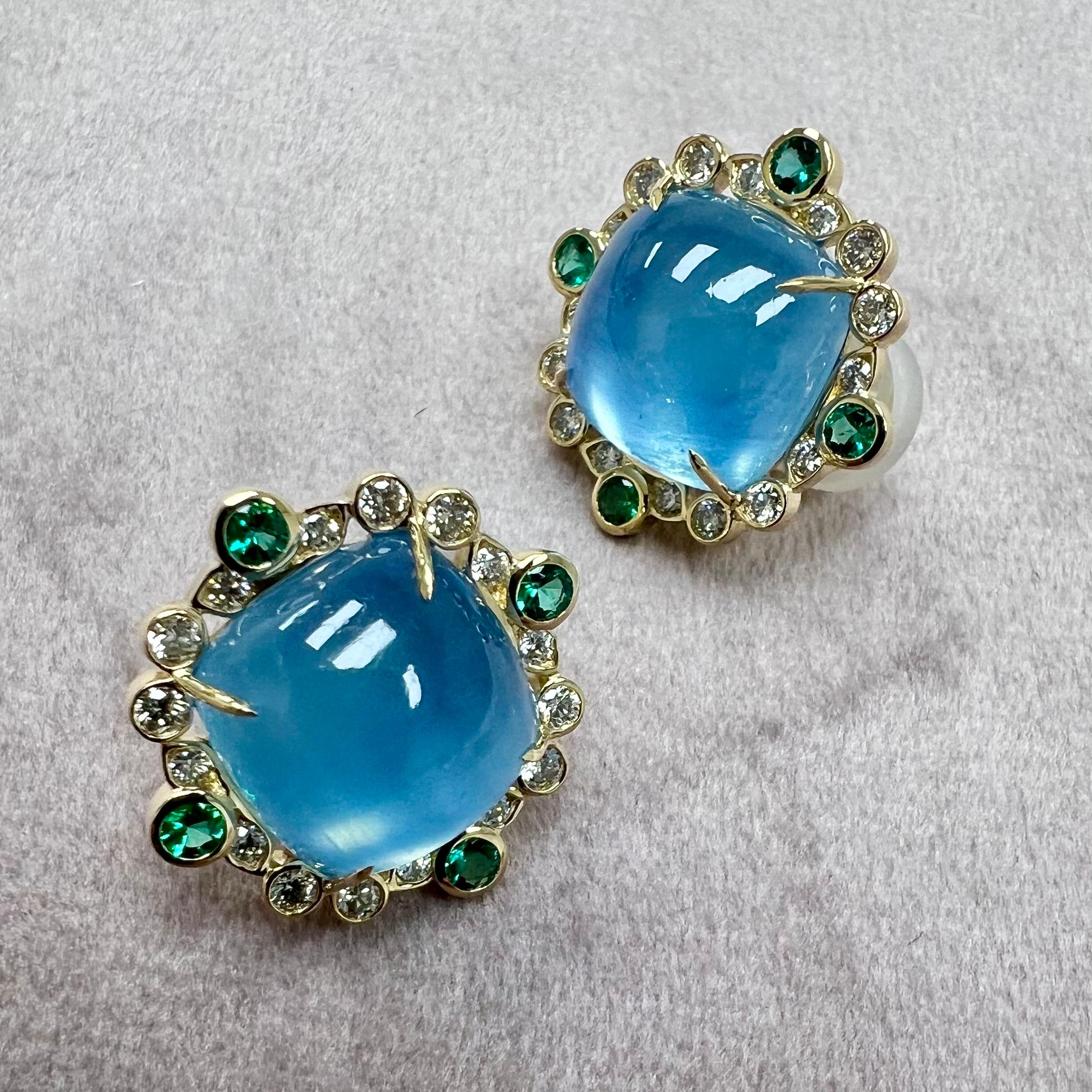 Contemporary Syna Yellow Gold Aquamarine, Emeralds and Diamonds Earrings For Sale