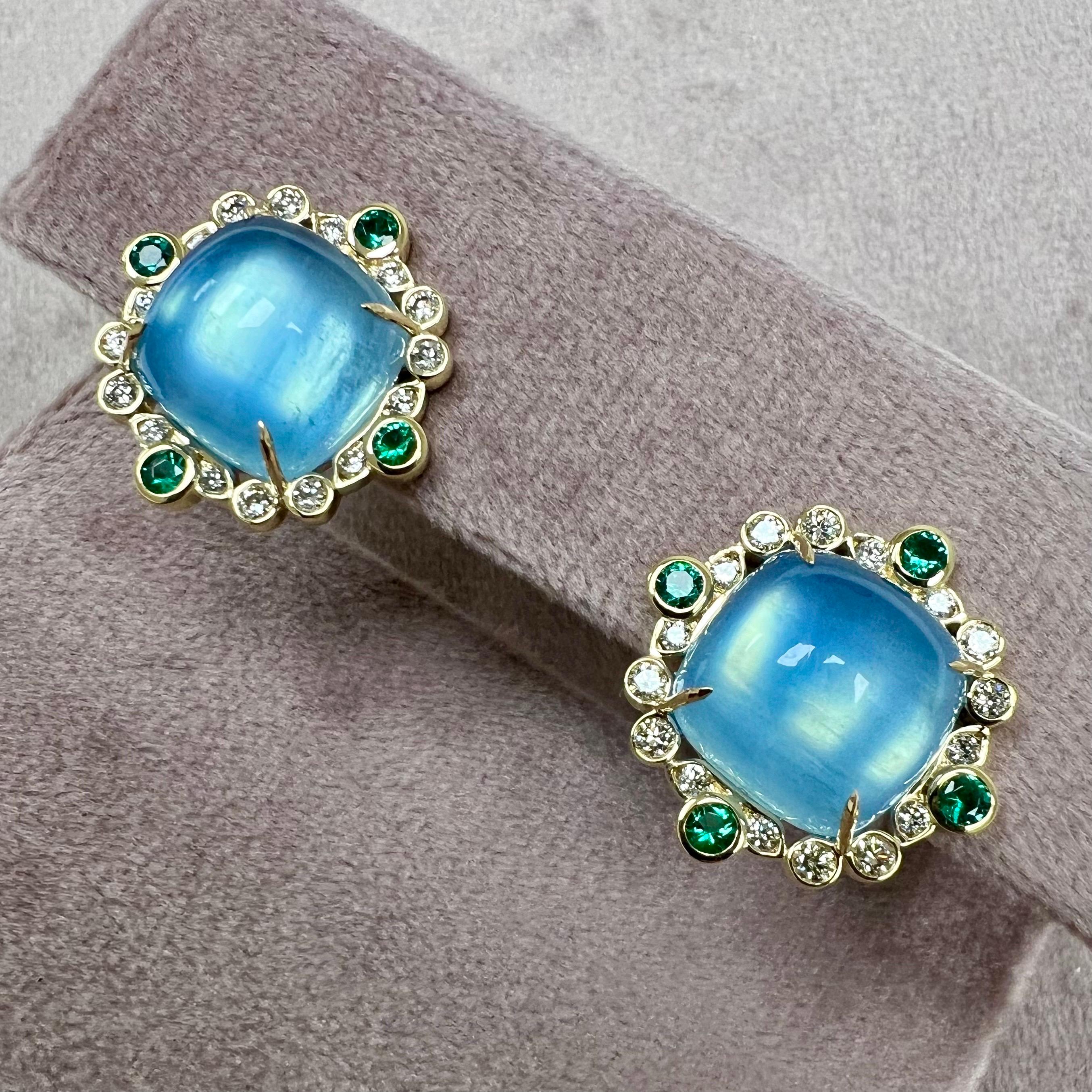Mixed Cut Syna Yellow Gold Aquamarine, Emeralds and Diamonds Earrings For Sale