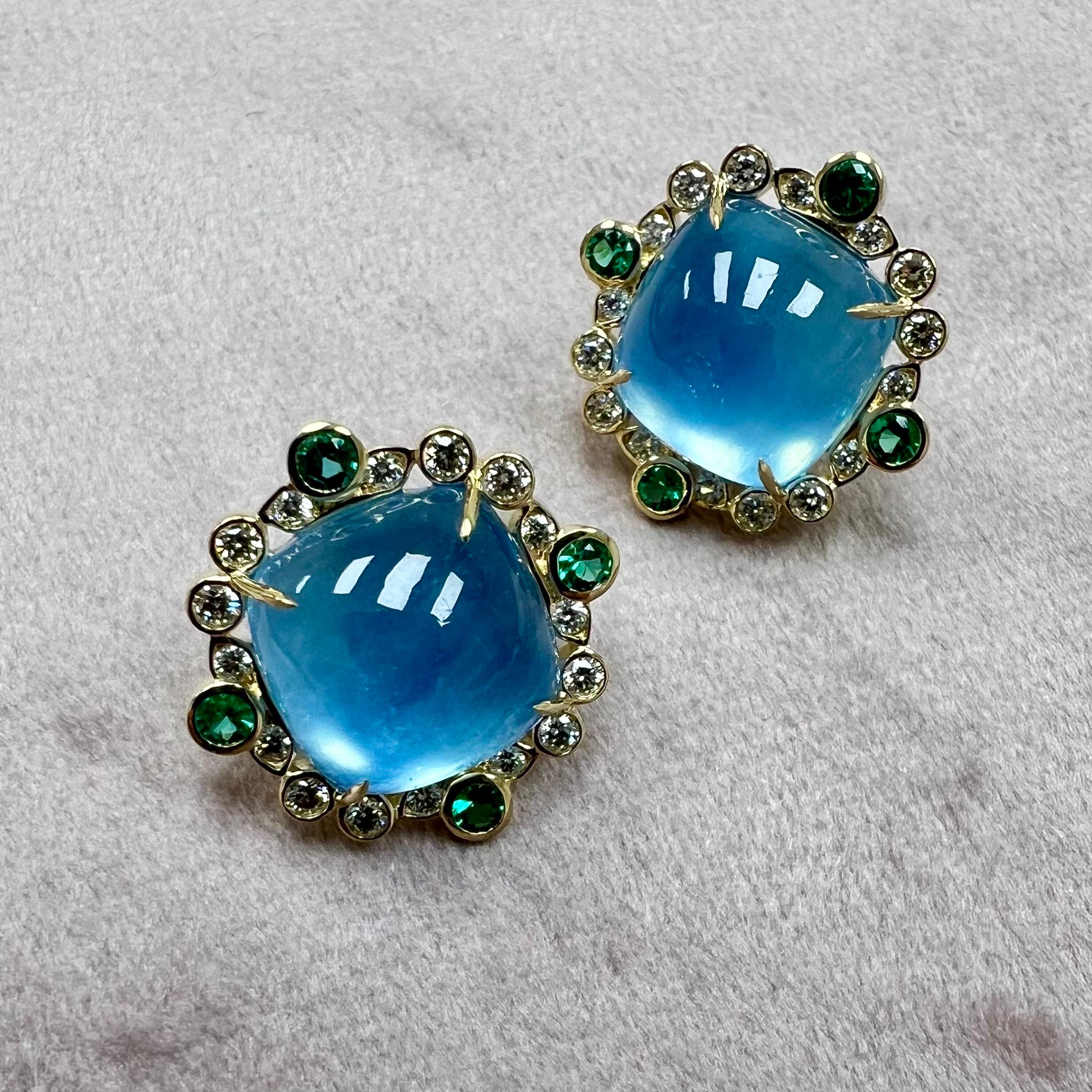 Syna Yellow Gold Aquamarine, Emeralds and Diamonds Earrings In New Condition For Sale In Fort Lee, NJ