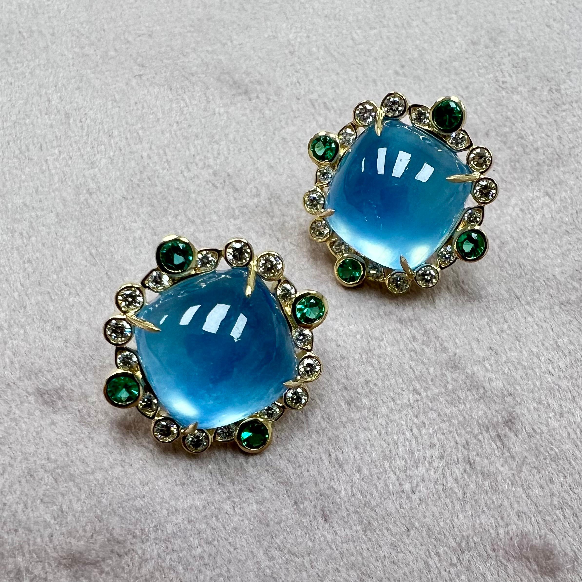 Women's Syna Yellow Gold Aquamarine, Emeralds and Diamonds Earrings For Sale