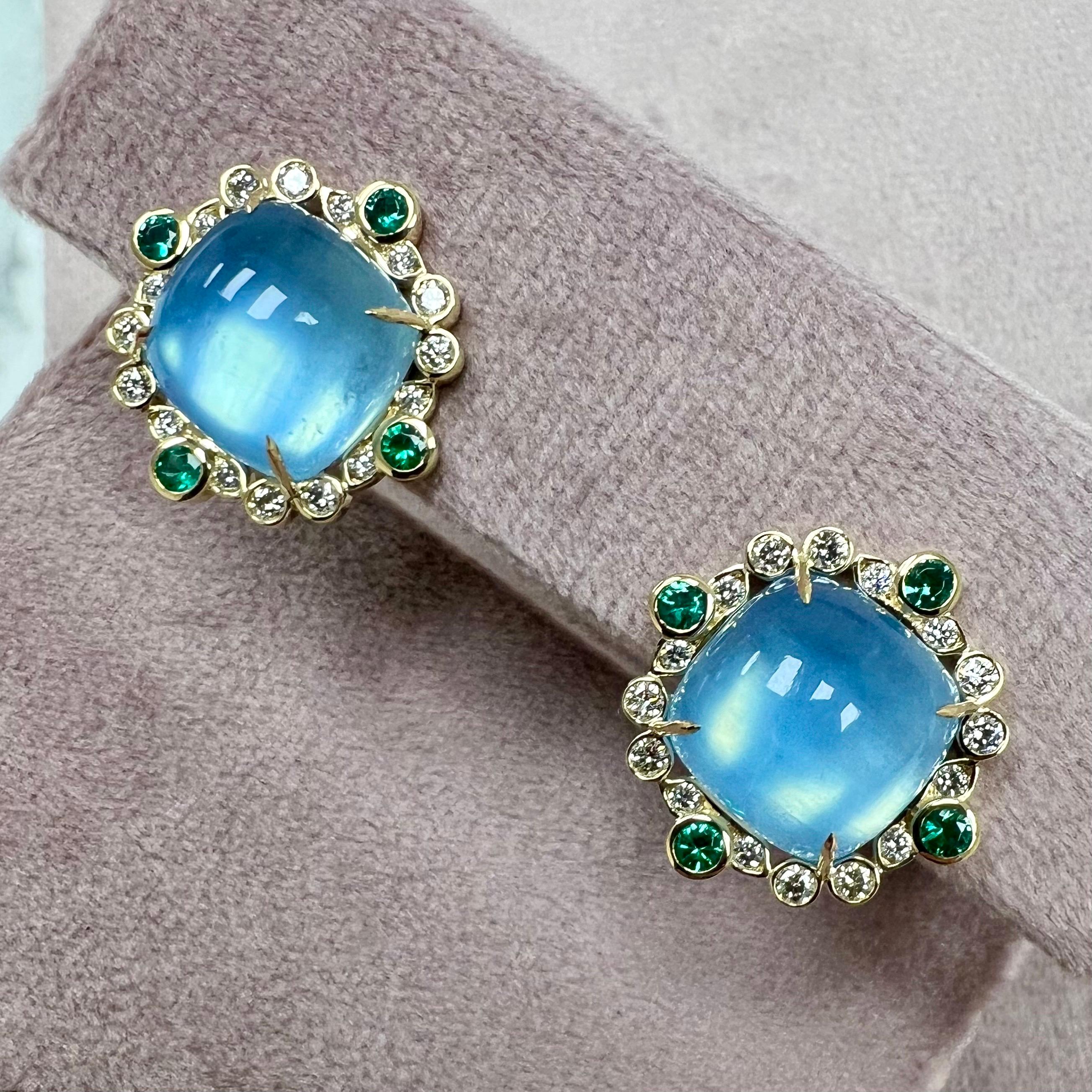 Syna Yellow Gold Aquamarine, Emeralds and Diamonds Earrings For Sale 1