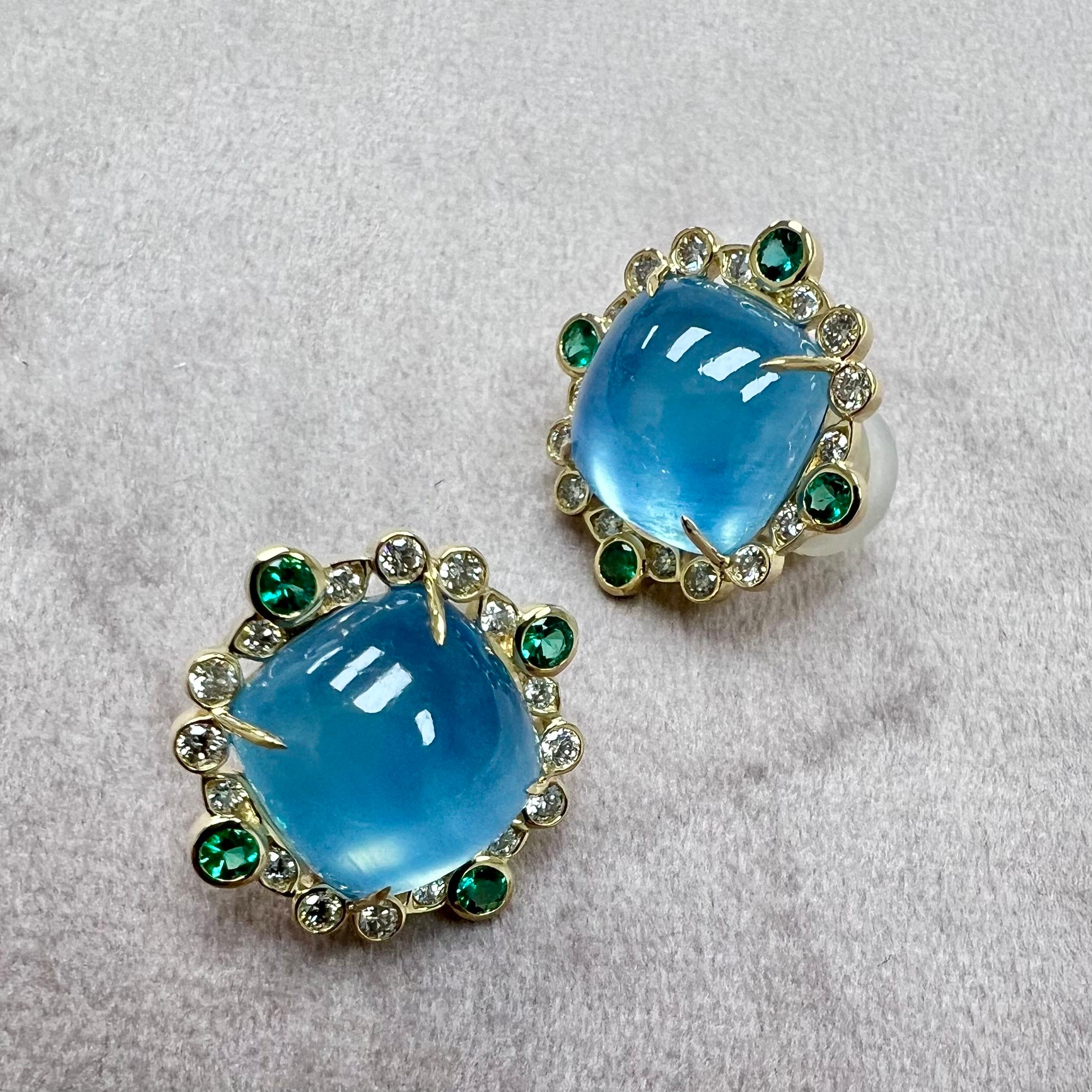 Syna Yellow Gold Aquamarine, Emeralds and Diamonds Earrings For Sale 2