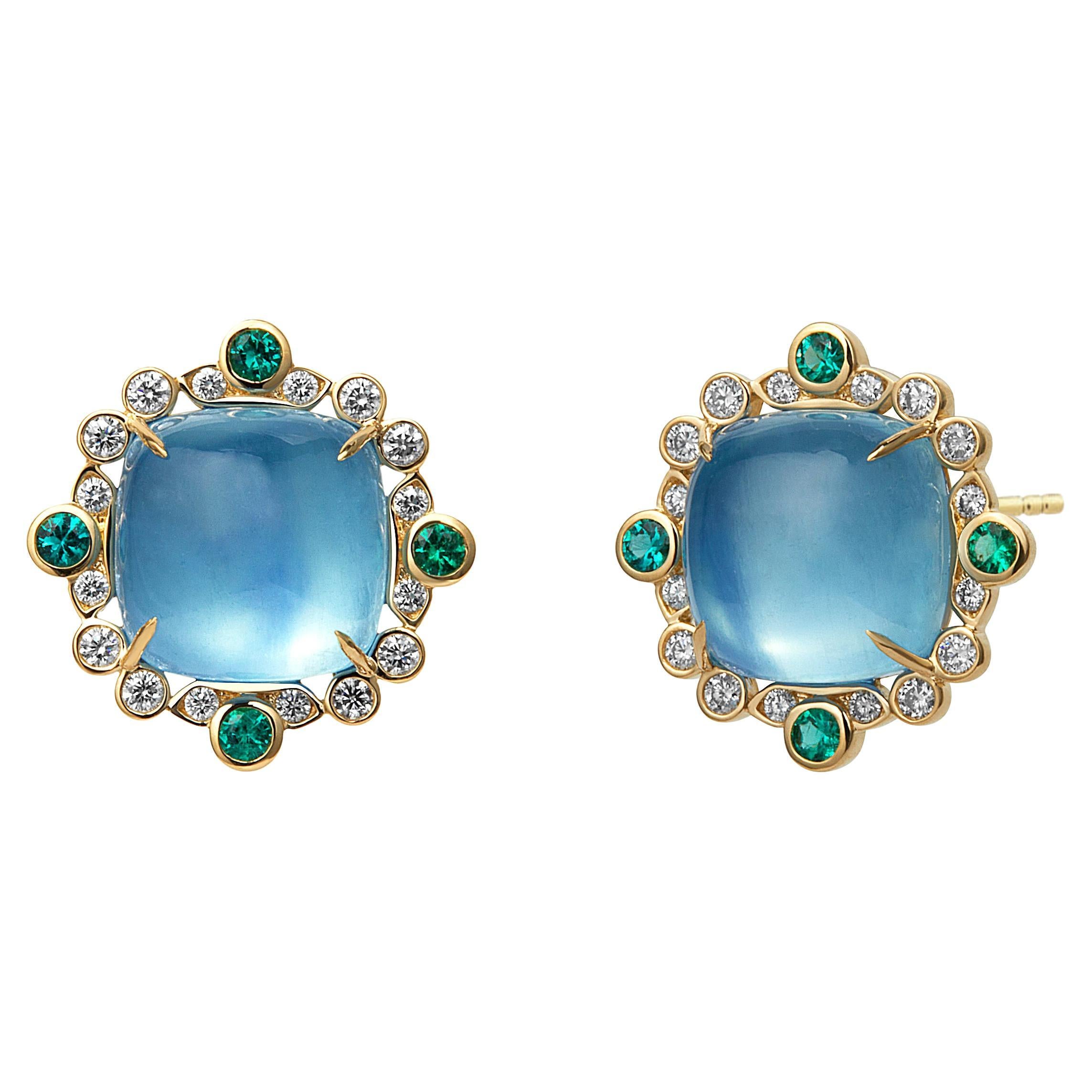 Syna Yellow Gold Aquamarine, Emeralds and Diamonds Earrings For Sale