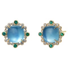 Syna Yellow Gold Aquamarine, Emeralds and Diamonds Earrings