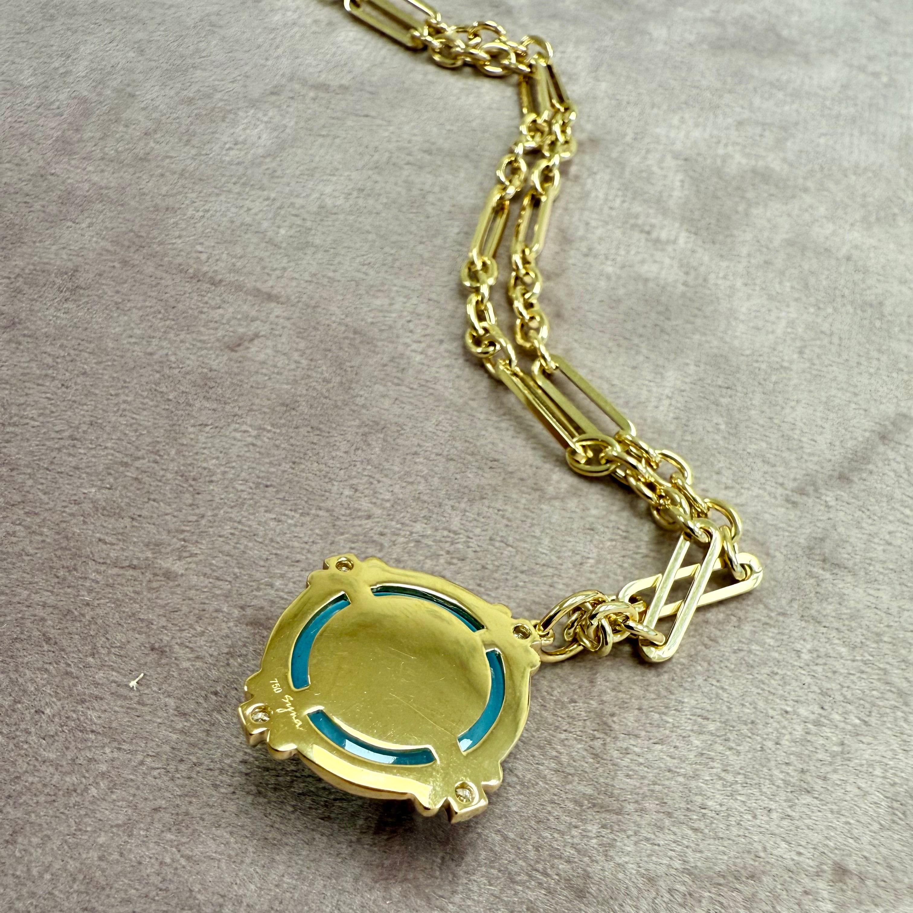 Taille ronde Syna Pendentif aigue-marine en or jaune avec diamants en vente