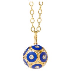 Syna Yellow Gold Ball Pendant with Lapis Enamel and Champagne Diamonds