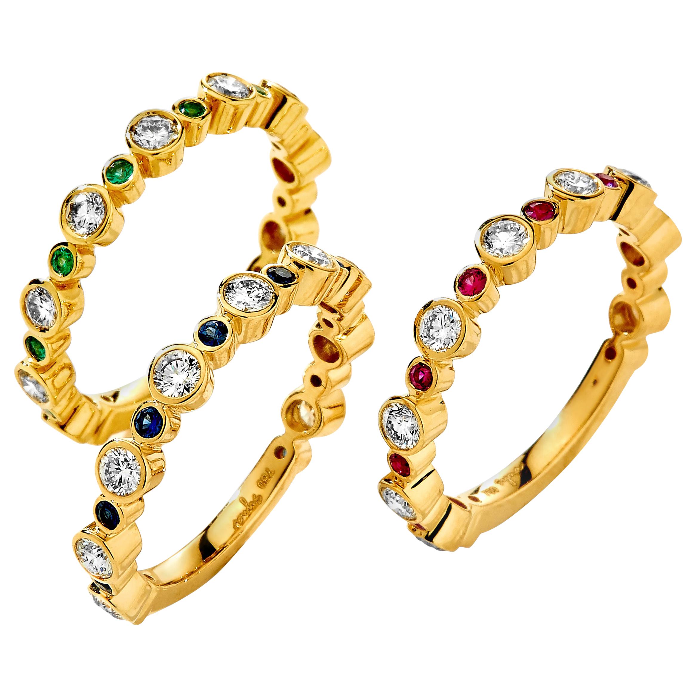 Syna Yellow Gold Bands with Emerald, Ruby, Sapphire and Diamonds For Sale