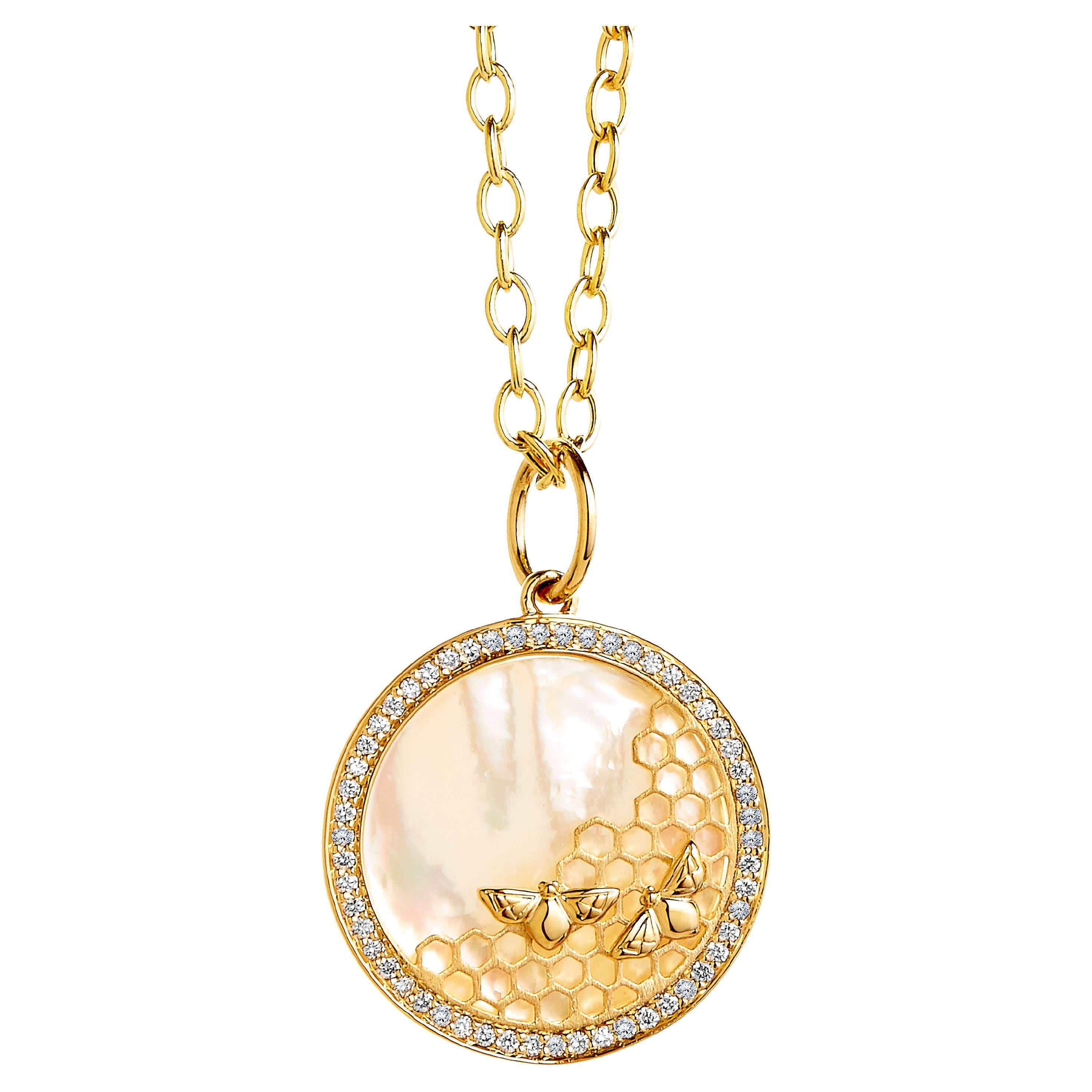 Syna Yellow Gold Beehive Pendant with Mother of Pearl and Diamonds For Sale