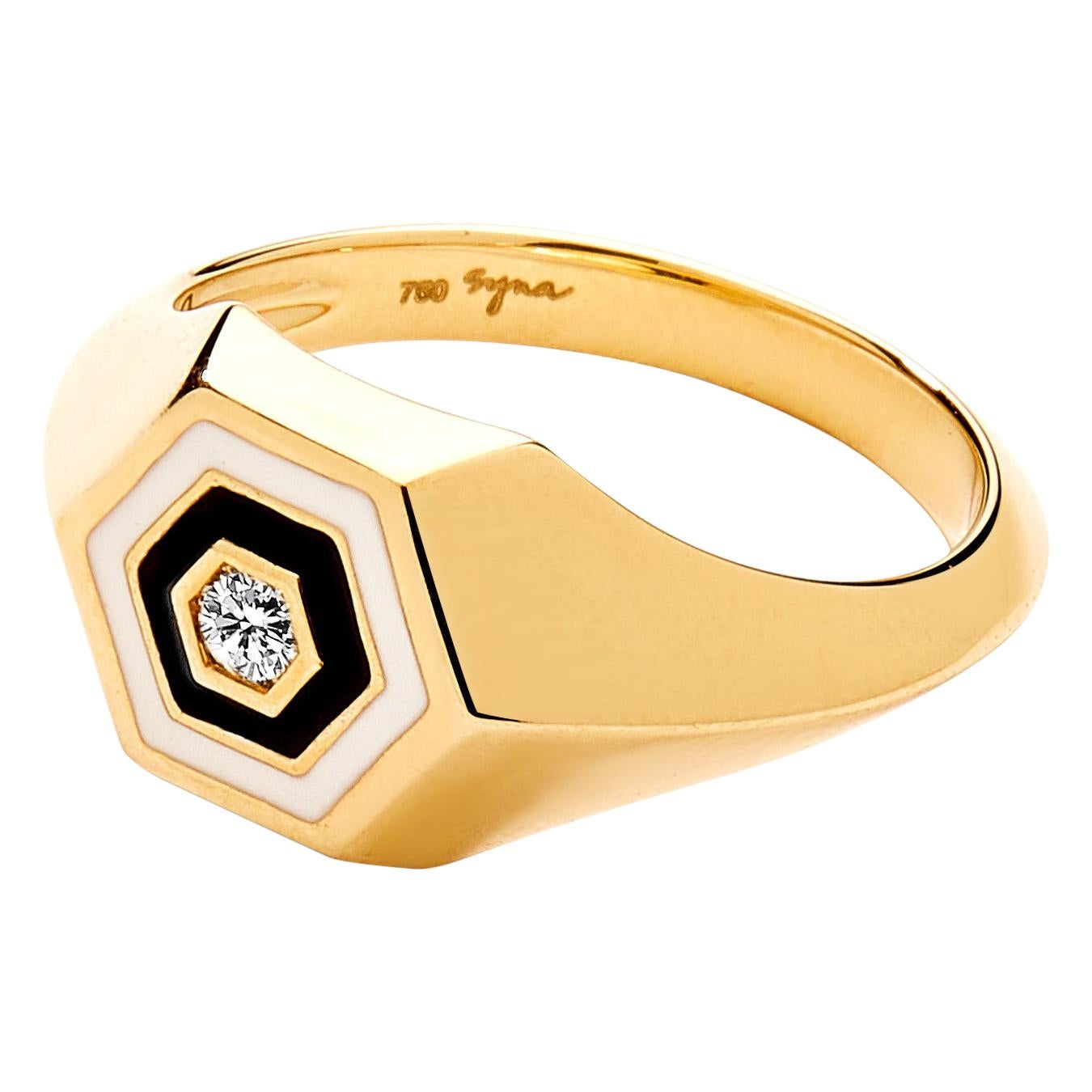 Syna Yellow Gold Black and White Enamel Ring with Champagne Diamonds