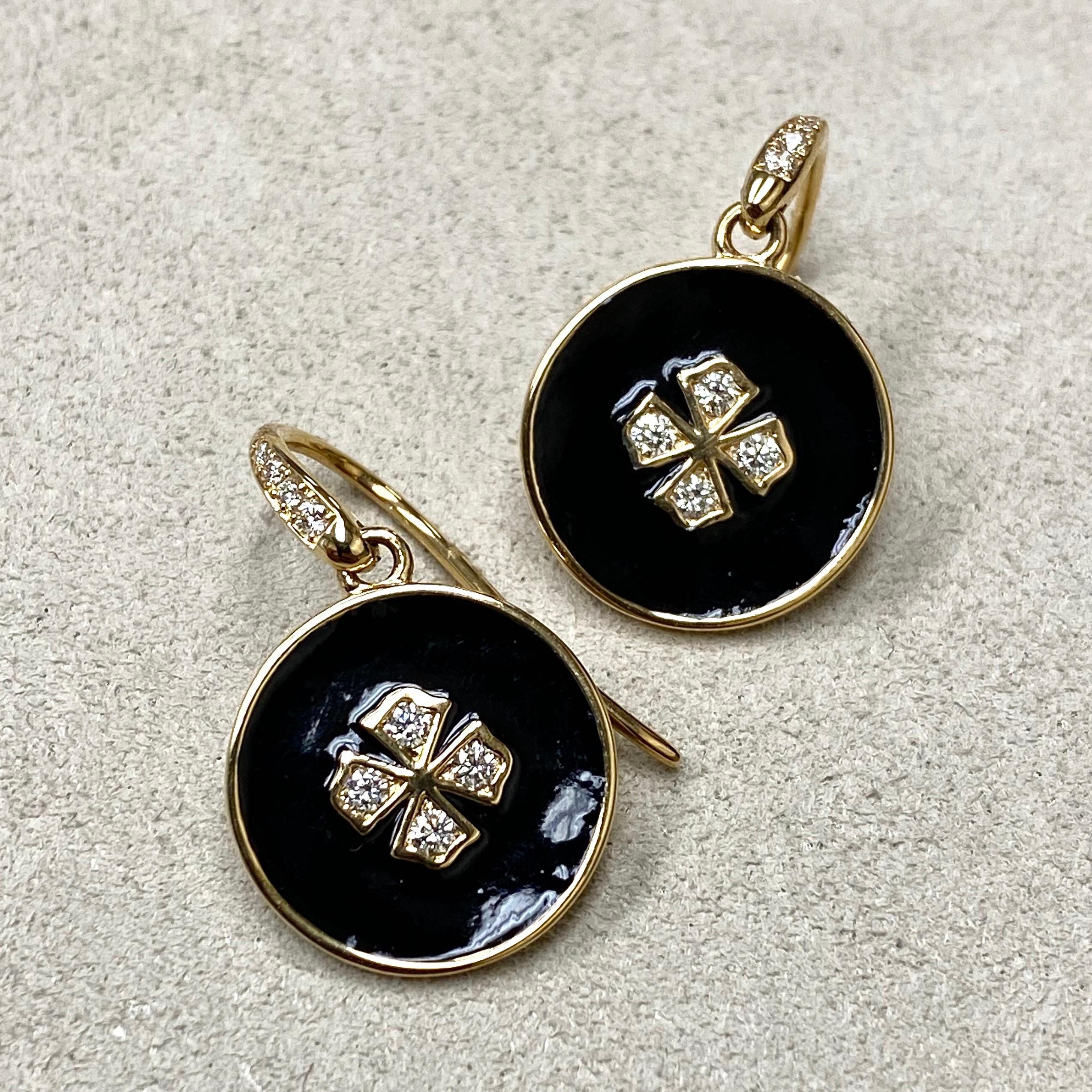 Contemporary Syna Yellow Gold Black Enamel Earrings with Champagne Diamonds