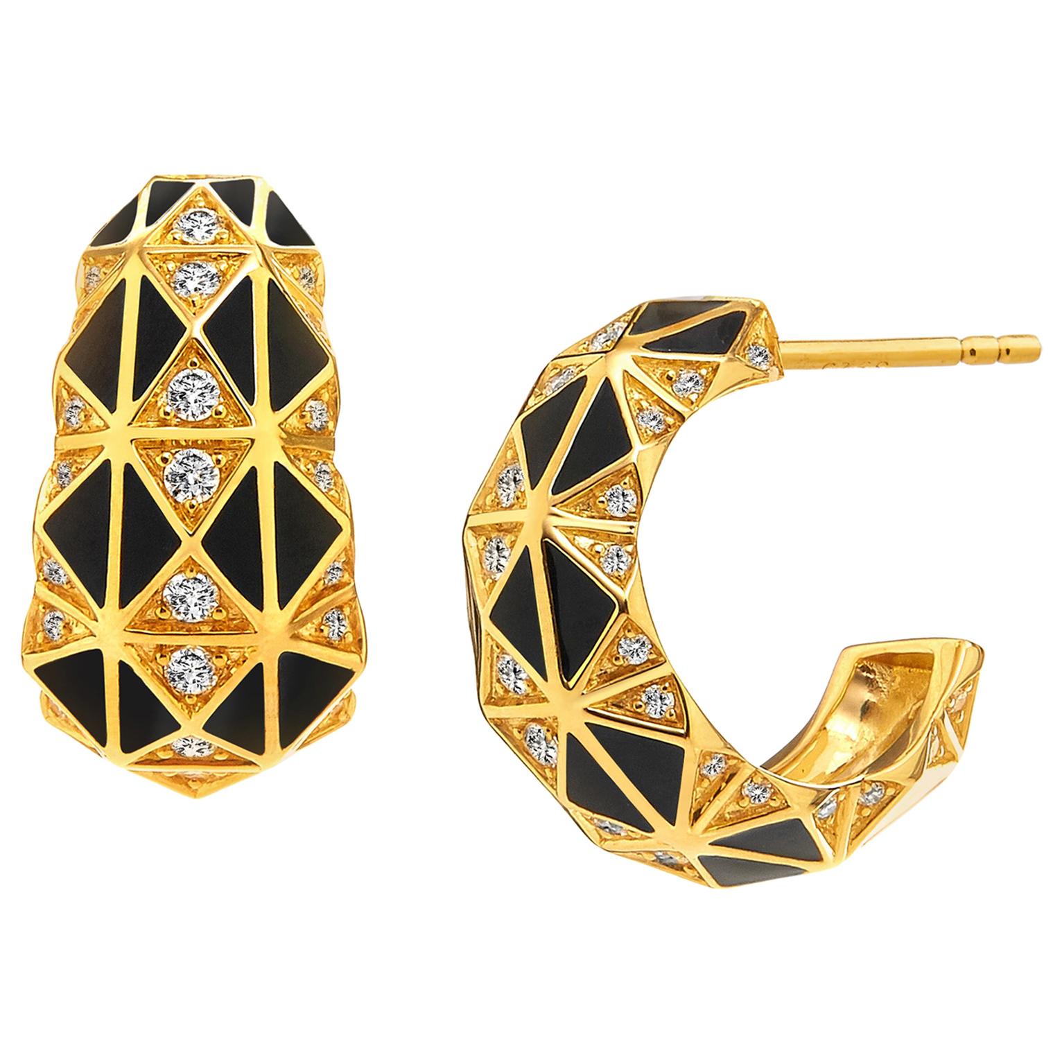 Syna Yellow Gold Black Enamel Earrings with Diamonds For Sale