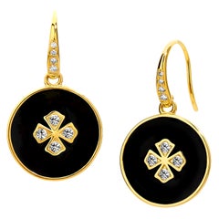 Syna Yellow Gold Black Enamel Earrings with Champagne Diamonds