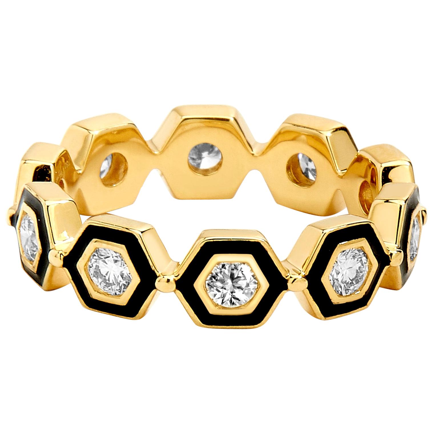 Syna Gelbgold Schwarzer Emaille-Ring mit Diamanten im Angebot