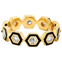 Syna Yellow Gold Black Enamel Ring with Champagne Diamonds