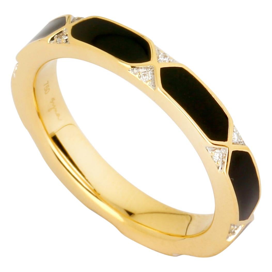 Syna Yellow Gold Black Enamel Ring with Diamonds