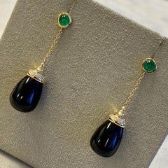 Syna Yellow Gold Black Onyx and Emerald Mogul Drop Chain Earrings