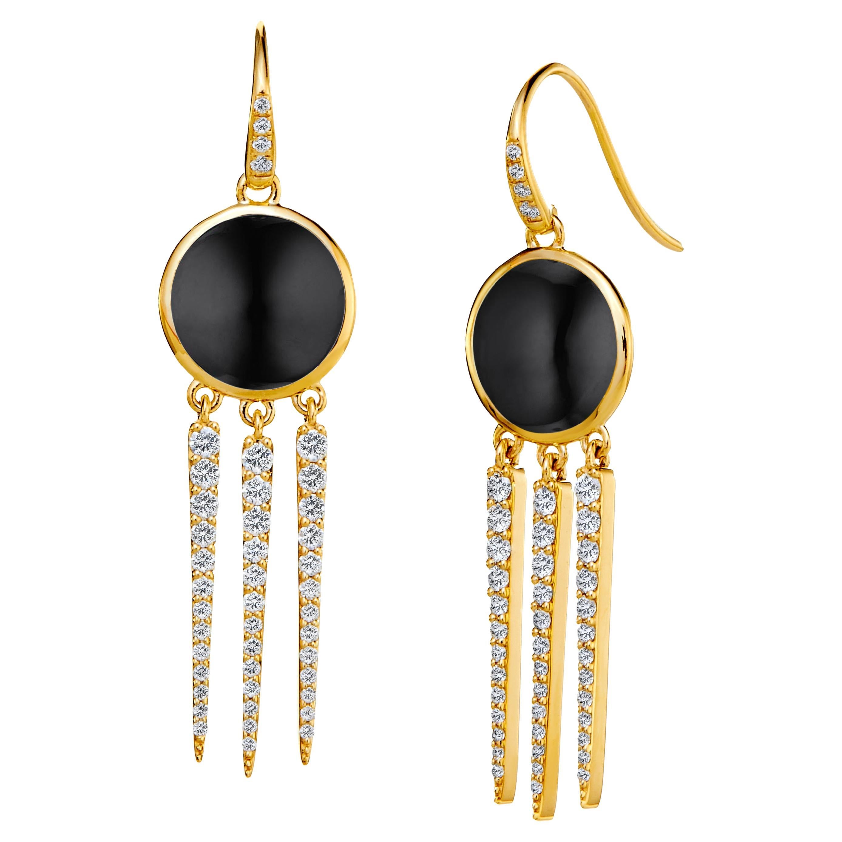 Syna Boucles d'oreilles en or jaune et onyx noir avec diamants en vente