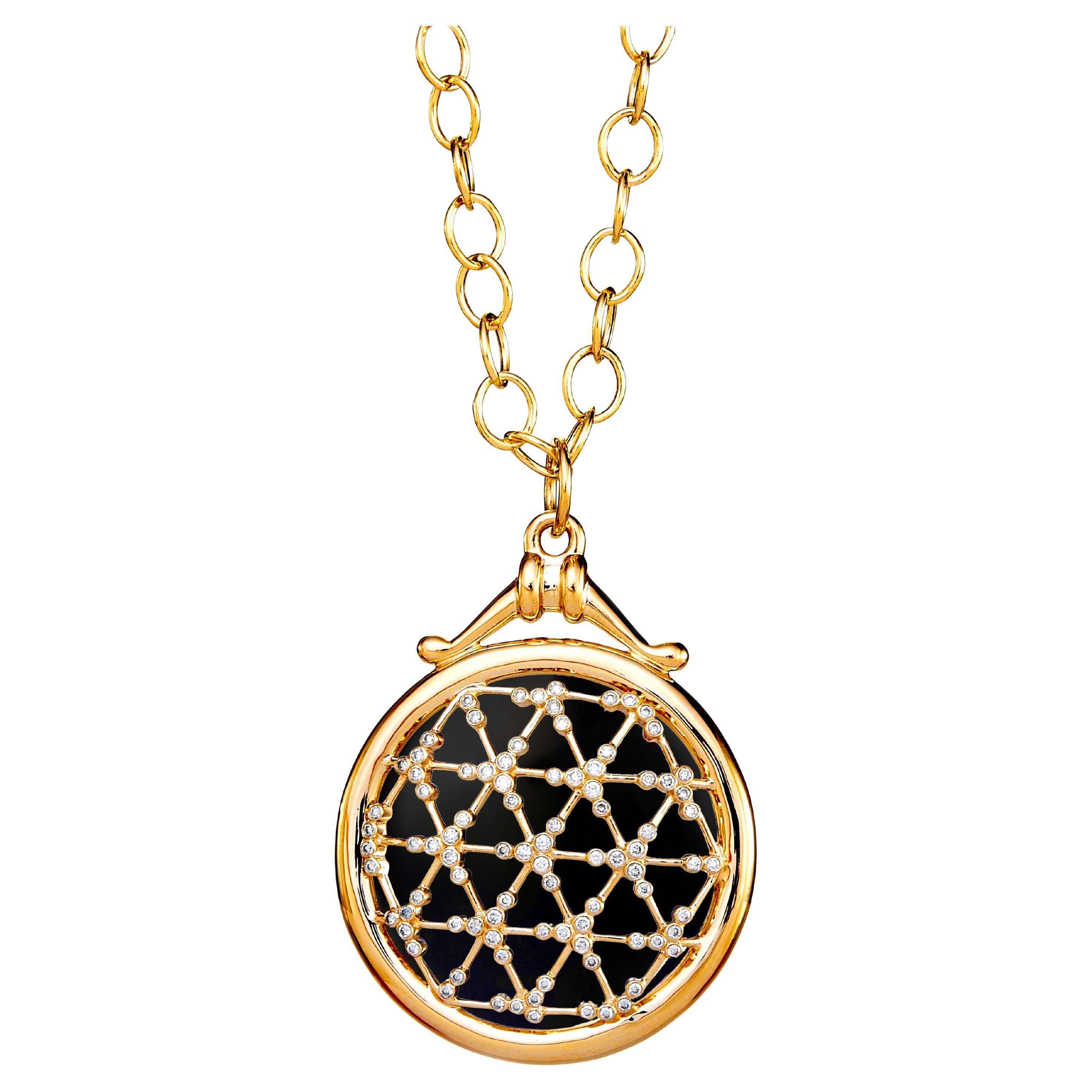 Syna Yellow Gold Black Onyx Illusion Pendant with Diamonds For Sale