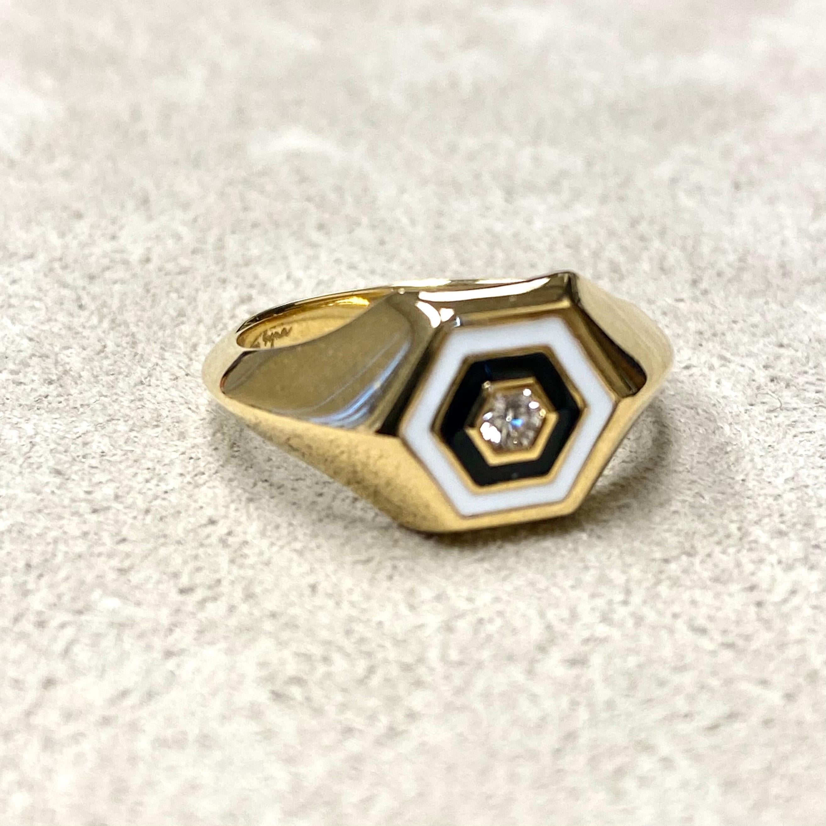 Round Cut Syna Yellow Gold Black and White Enamel Ring with Champagne Diamonds